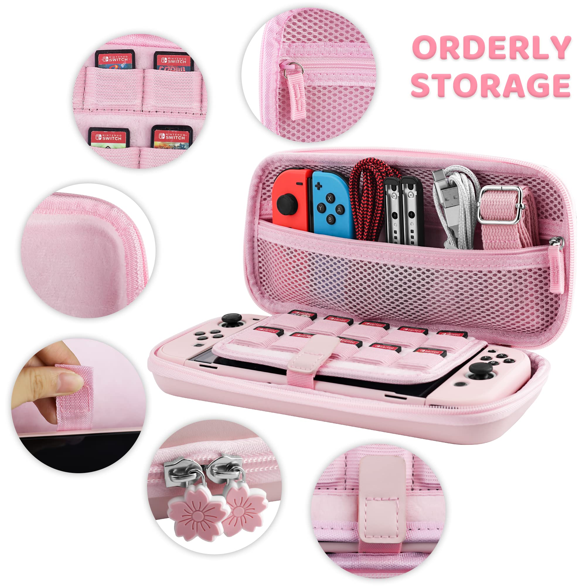 FANPL Custodia per Nintendo Switch OLED, custodia per interruttore OLED e controller Joy Con con custodia protettiva rigida e protezione schermo, 4 impugnature per pollice, tracolla (rosa)