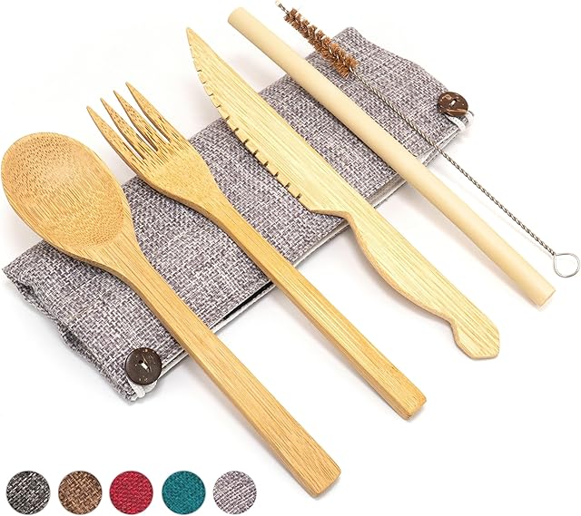 Jungle Culture® Portable Bamboo Cutlery Set | Zero Waste Reusable Wooden Cutlery | Knife, Fork, Spoon, Straw, Brush & Storage Pouch | Eco Friendly Travel Utensils | Camping Picnics Office
