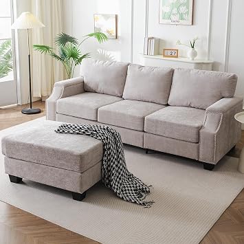 85" Sectional Couches with Storage Ottoman,L Shaped Couch with Armrest Organizer,3-Seater Sofa,Thick Cushions,Small Sofas for Living Room,Bedroom,Apartment,Chenille,Khaki