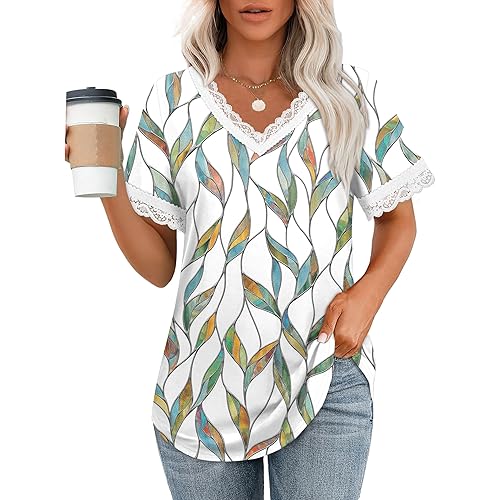 XIEERDUO V Neck T Shirts for Women Lace Sleeve Ladies Tops and Blouses Summer Outfits Basic Tee