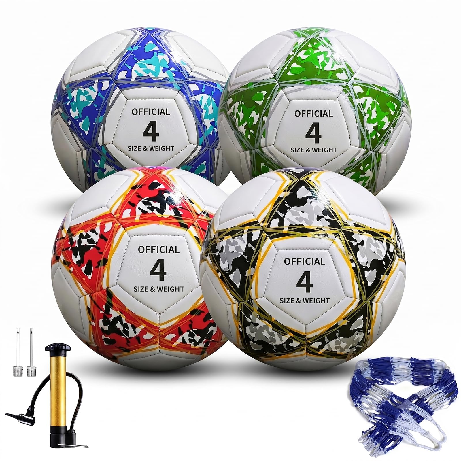 4 Pack Footballs Size 5/4/3, Official Size & Weight Soccer Balls Set with Pump and Carry Net, Premium Synthetic Leather Training Balls for Matches, Practice and Outdoor Play (Multicolor, Size 4)
