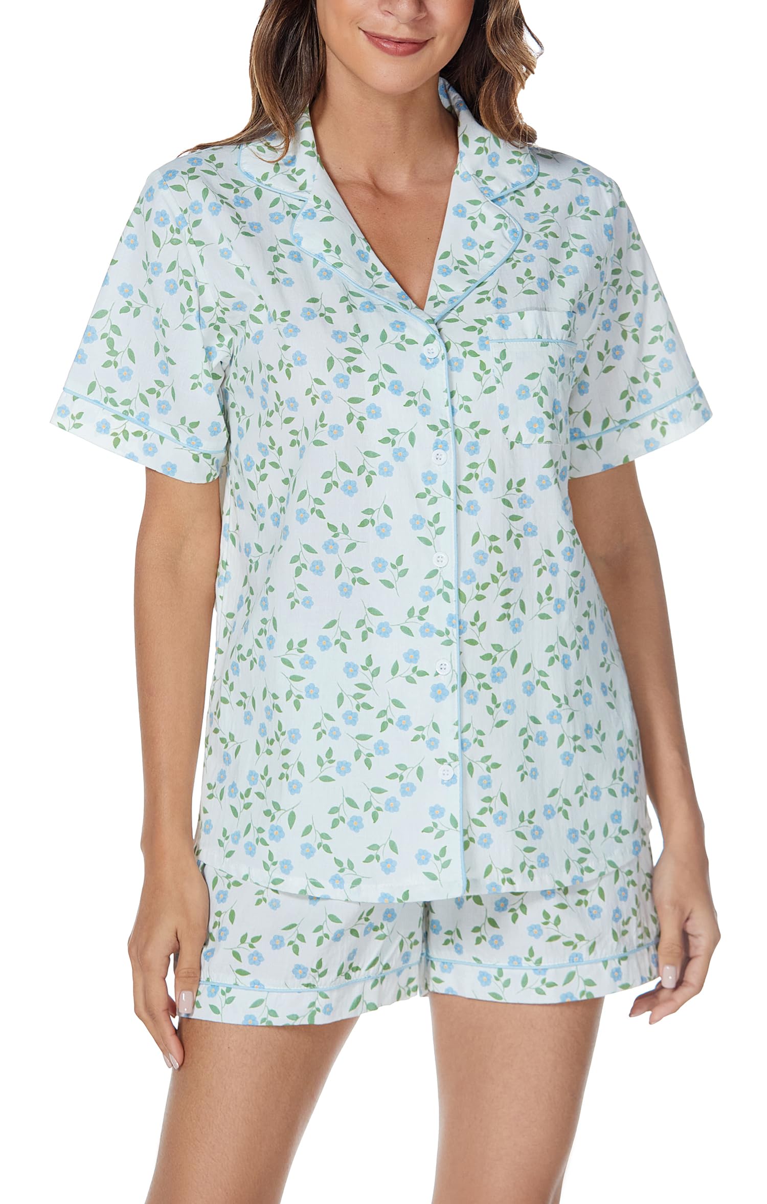 LUBOT 100% Cotton Pajamas for Women 2 Piece PJ Set Woven Poplin Ladies Button Down Short Sleeve Summer Sleepwear S-XXL