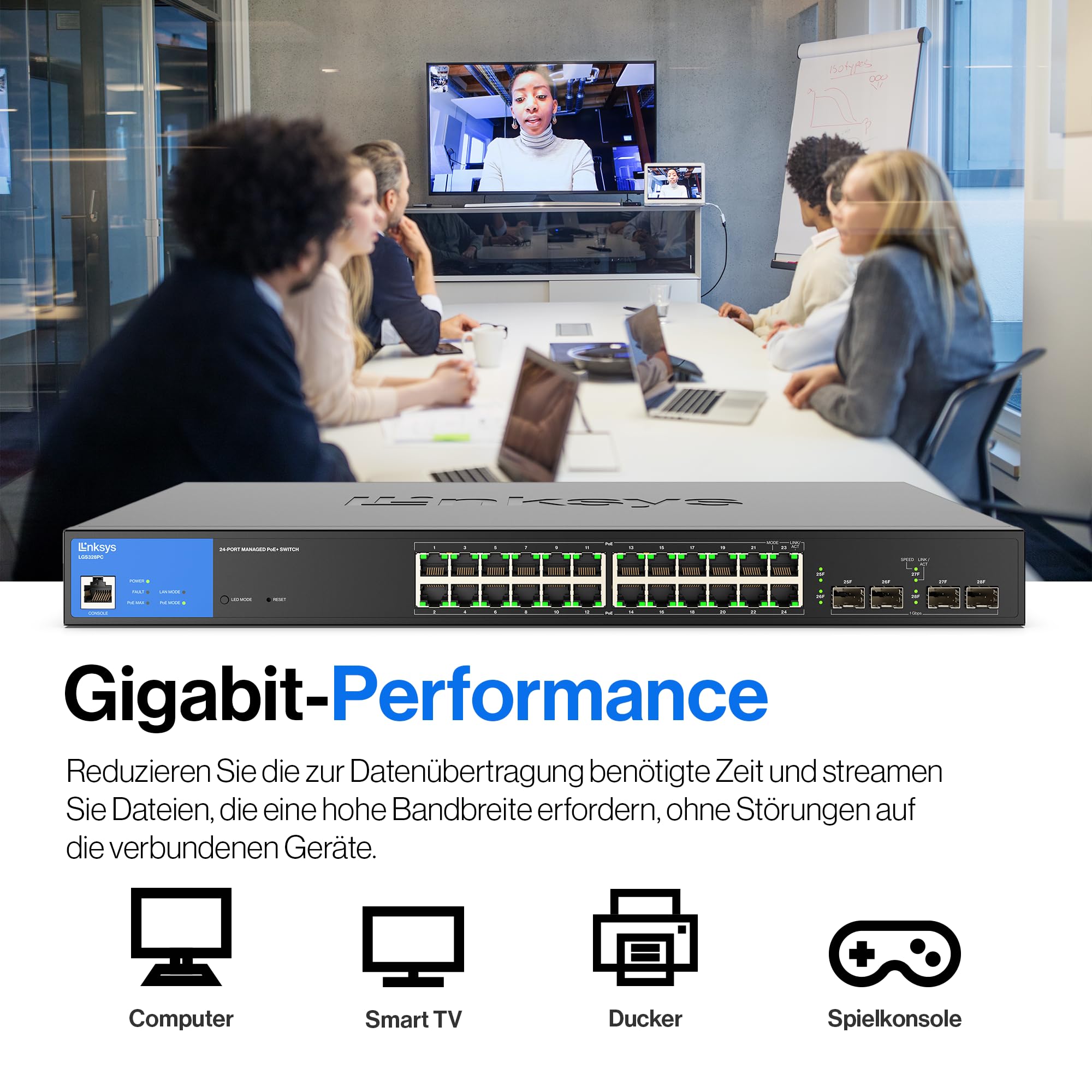 Linksys 24-Port Managed Gigabit-Netzwerk-Switch, 4 1-Gb-Uplink-SFP-Steckplätze, PoE/PoE+, QoS, statisches Routing, VLAN, IGMP, Metallgehäuse, Platzierung auf dem Schreibtisch/an der Wand – LGS328PC