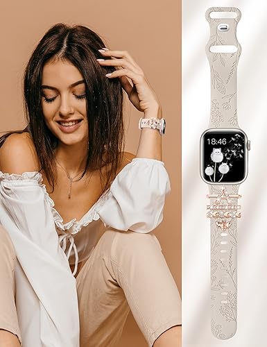 Miniatura 4 de Minyee Compatible con Apple Watch Band con Charms para Mujeres 41mm 40mm 38mm 42mm 44mm 45mm 49mm Anillos Decorativos en Forma de Bucle Florales