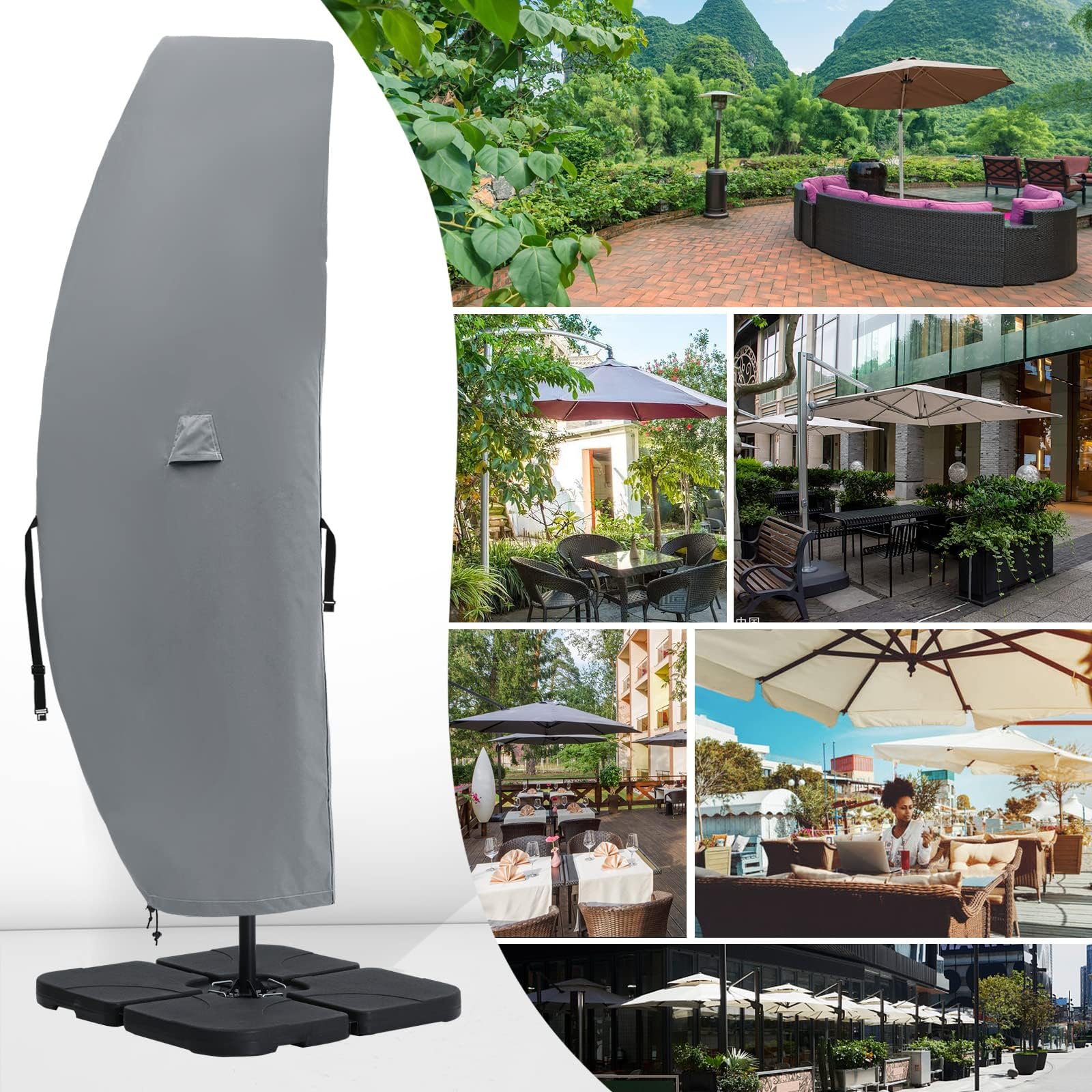 600D Patio Umbrella Parasol Cover Waterproof Outdoor Anti-UV Protective Cover with Zipper Fits Cantilever Offset Umbrella 7.5-15 Feet, Grey