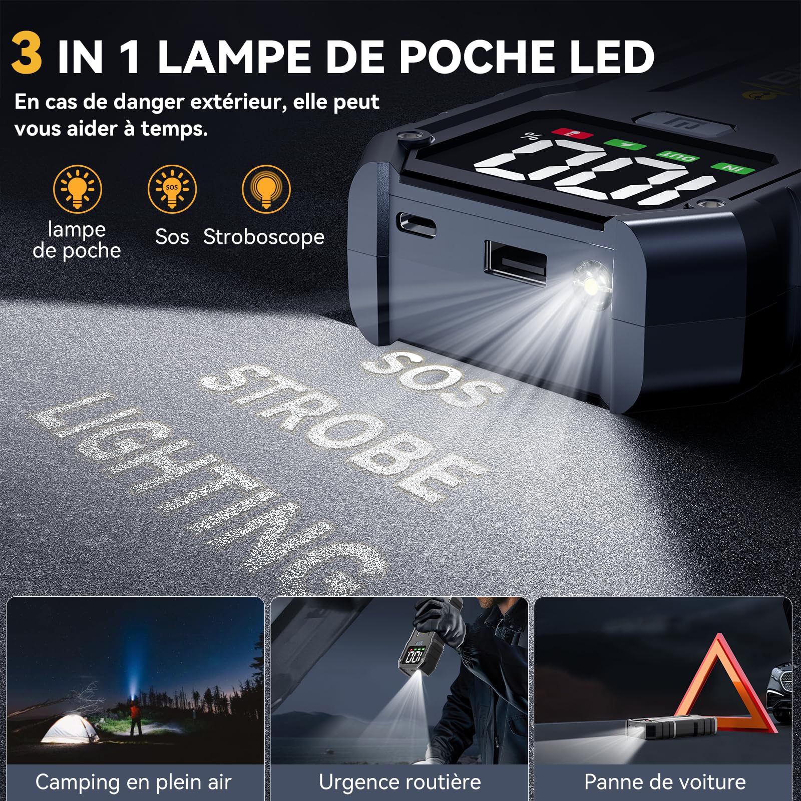 Booster Batterie Voiture Portable, 5000A Démarreur Batterie Voiture (Jusqu’à 10.0L Essence & 8.0L Diesel), Jump Starter avec Port de Charge USB, 3 Modes de Lumières LED, Écran LCD