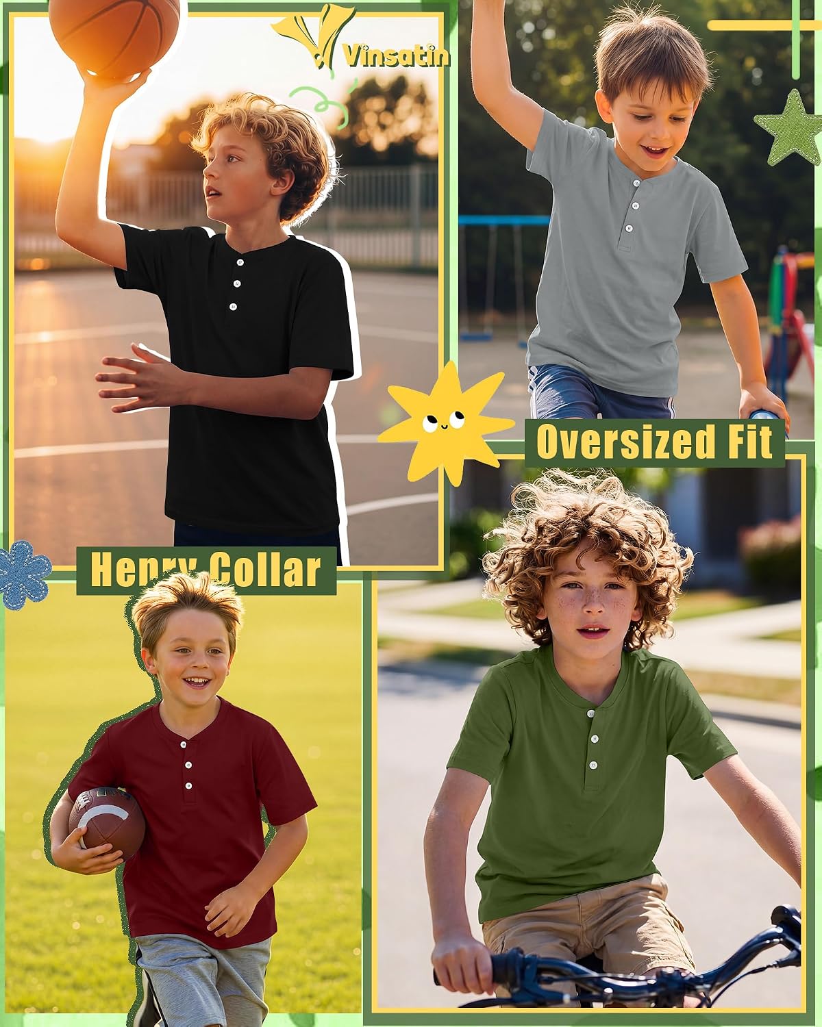 5 Pack Boys' Oversized Shirts Short Sleeve Henley Loose Tees Casual Summer Basic Tops 5-14 Years