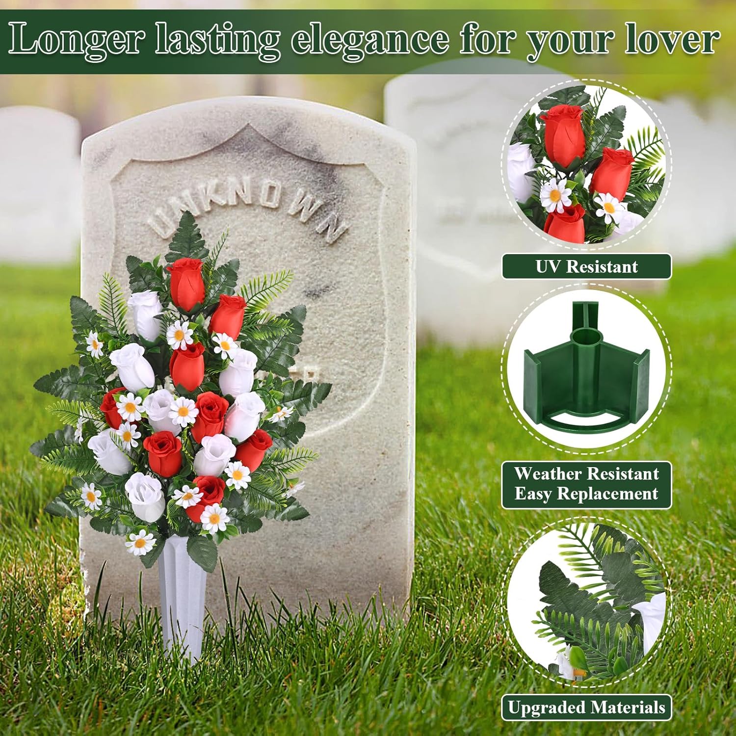 Dolicer 2 Sets Artificial Cemetery Flowers for Grave, Realistic Grave Flowers Memorial Flower UV Resistant Silk Rose Flower with Vase for Cemetery Decorations (Red, White)