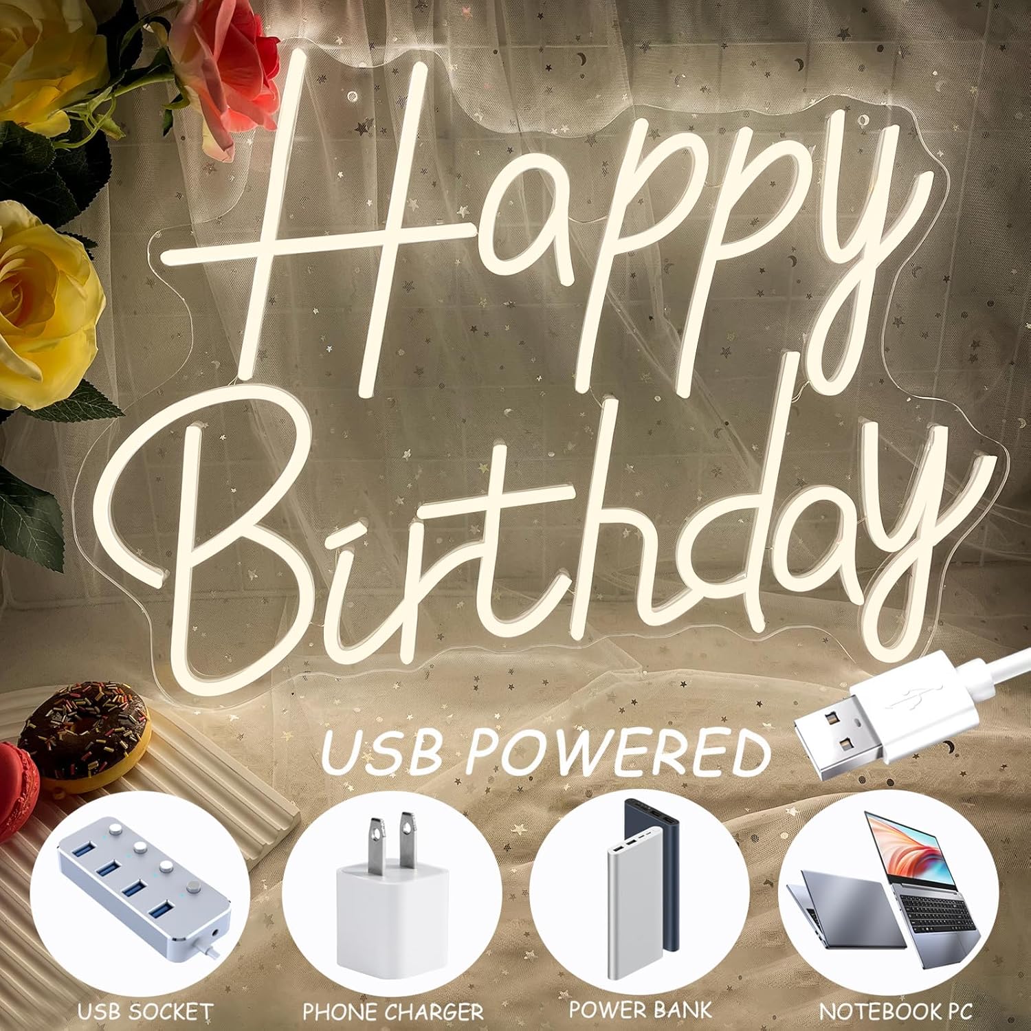 Happy Birthday Neon Sign, 21.7 x 15.1 Inch Neon Signs Large Size, Happy Birthday Neon Light for Wall Decor, Big Birthday Neon Lights for Bedroom Cafe Party Any Ages Bday Celebration Decoration
