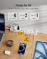 Vista 3 de SUPERDANNY - Cable de extensión de 10 pies con múltiples tomas, tira de alimentación con protector de sobretensiones de enchufe plano, cable largo