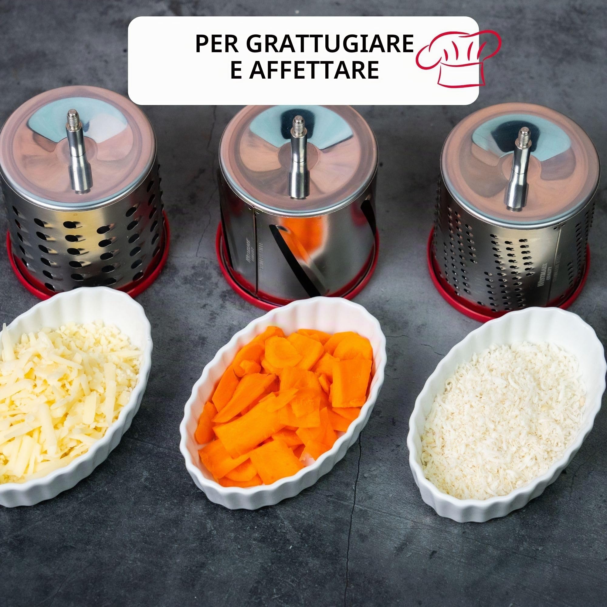 Westmark Grattugia con 4 tamburi, Altezza: 28 cm, Plastica/Acciaio inox, Bianco/Rosso/Argento/Nero, 97602260