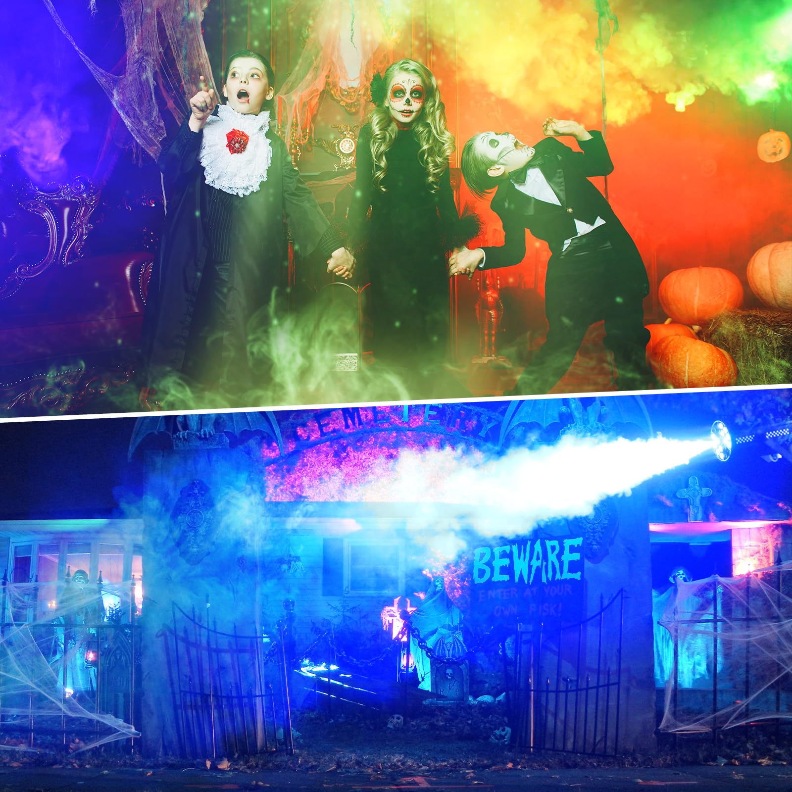 Macchina del fumo, 18 LED RGB con telecomando, LED luminosi, gradiente di colore, salto, impulso, strobo, per feste, Natale, Halloween, DJ, palchi e spazi aperti