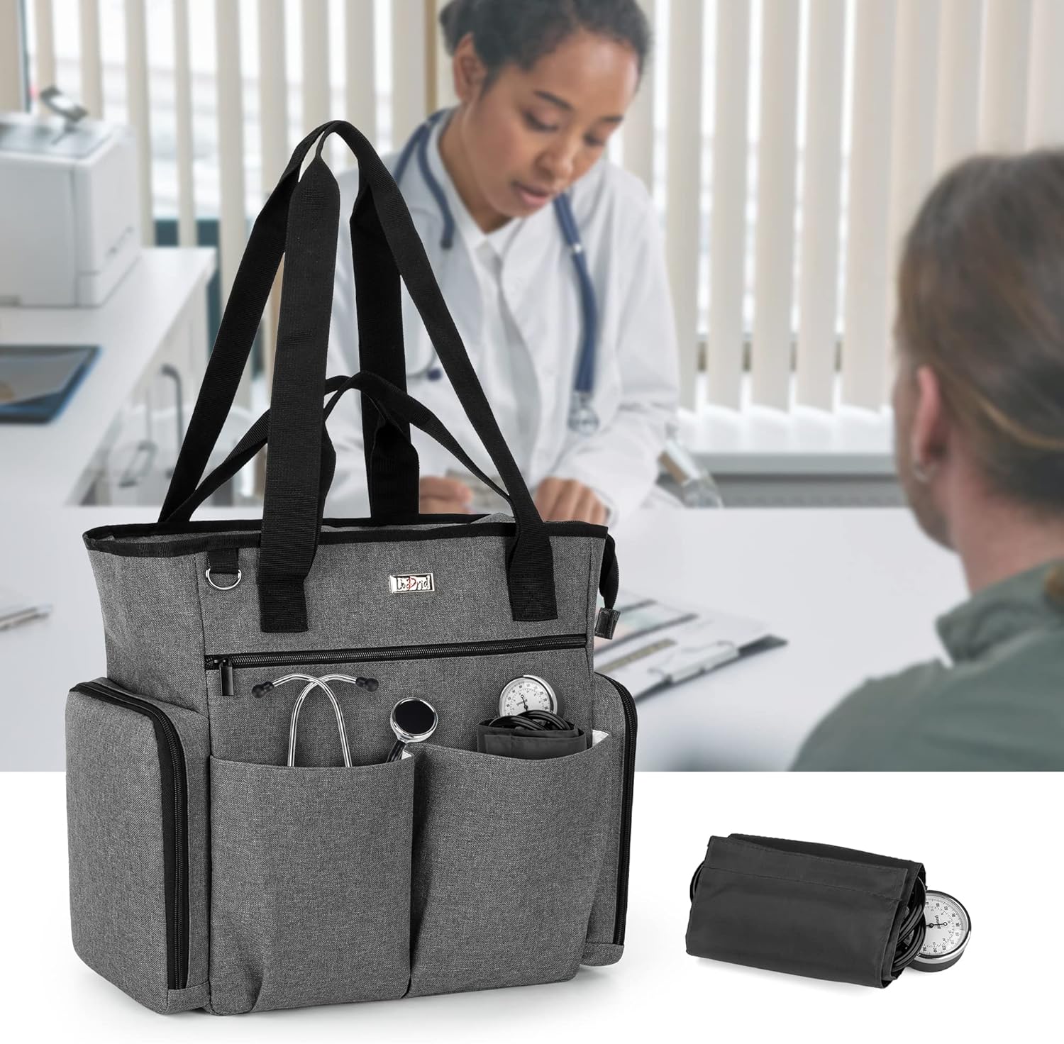 LoDrid Nurse Bag with Bottom Padded Pad, Medical Work Tote with 15.6” Laptop Storage Layer, Home Visiting Nurse Tote for RN, PA, LPN, EMT, CNA, Gray, Bag Only - Image 7