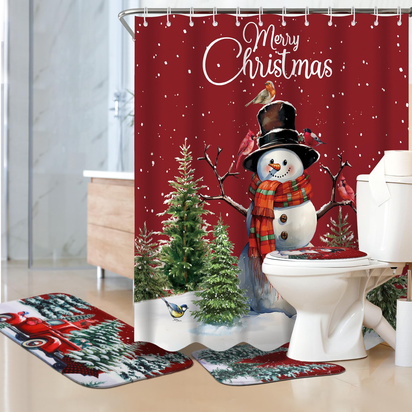 4-Piece Christmas Bathroom Set - Shower Curtain, Bath Mat, Rug & Toilet Cover, Non-Slip, Holiday Decor (Style C)