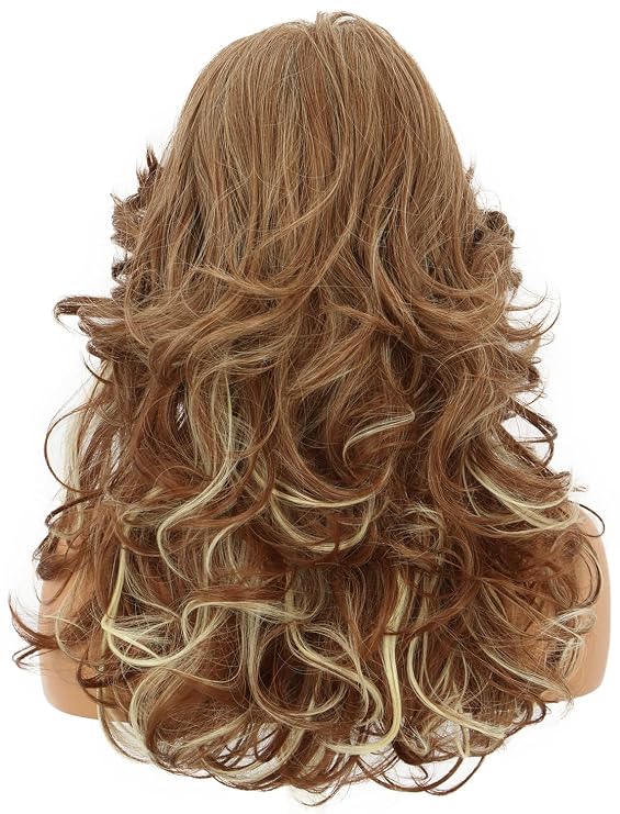 yuehong Women Long Dark Brown Blonde Curly Wig 70s80s Disco Costume hair Vintage Feathered Singer Cosplay Costume Wig