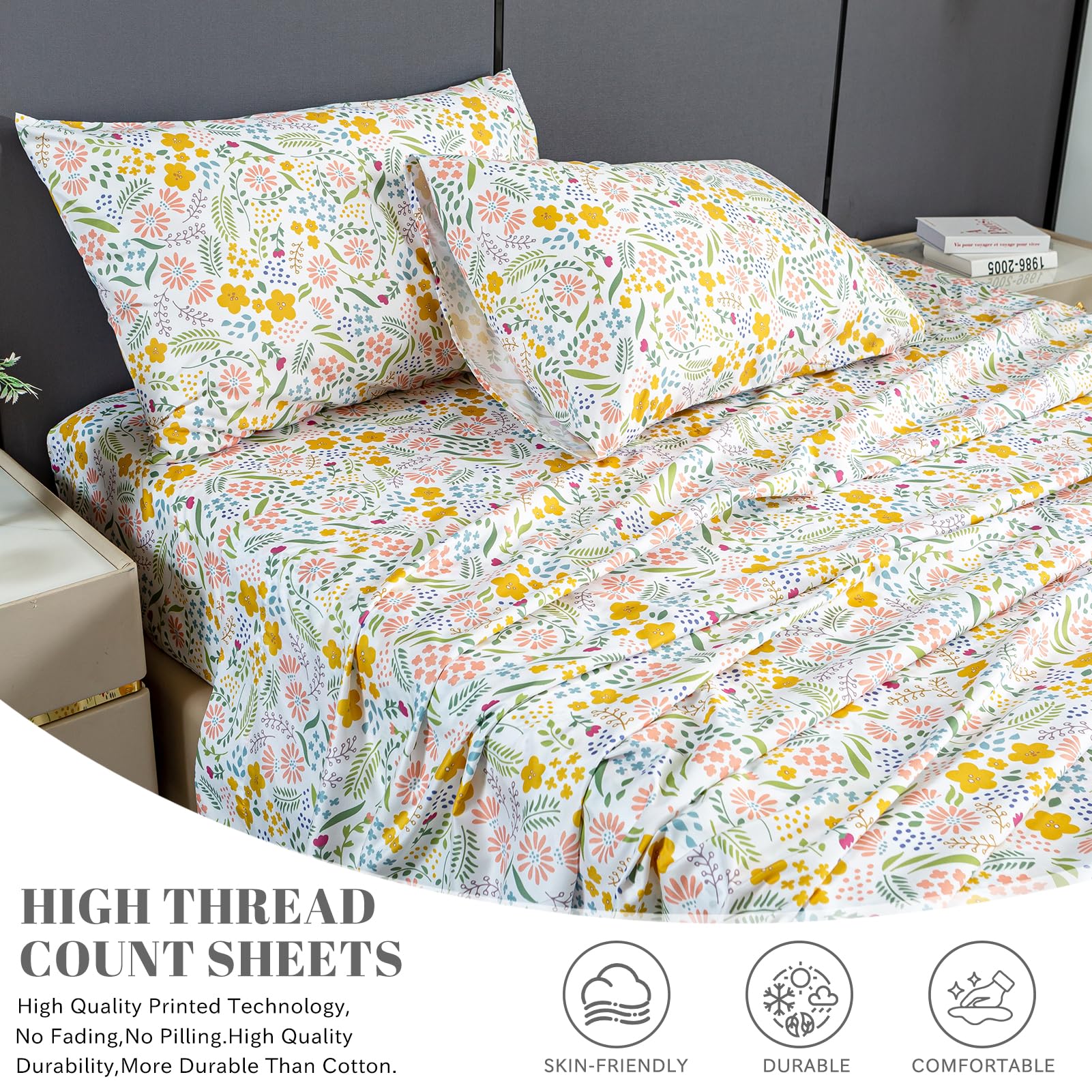 Bedlifes Bettwäsche-Set King-Size – Ultraweich, Blumenmuster, 4-teilig, Aus Mikrofaser
