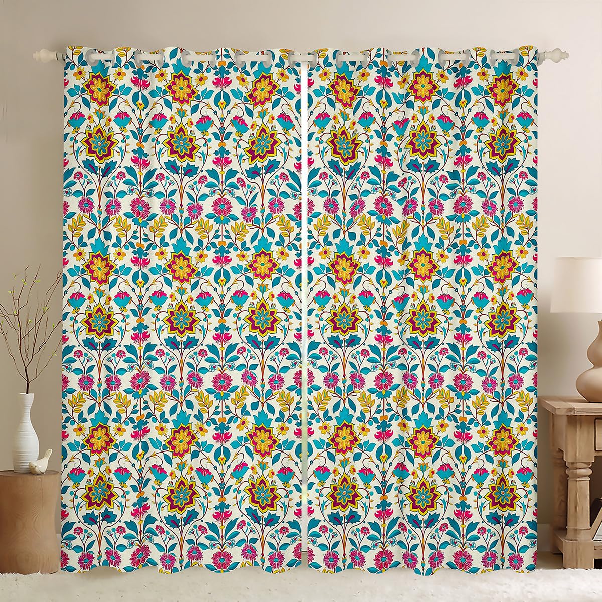 Homemissing Floral Print Curtains (2 Panels,W52*L63) For Bedroom Adults Women Girls Blossom Flowers Window Curtains Floral Botanical 30%-50% Blackout Curtains Flower Branch Window Treatments