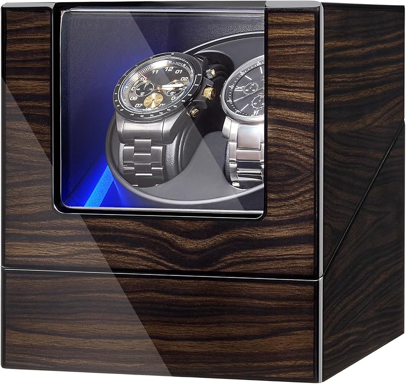 ANWBROAD Watch Winder for Automatic Watches Double Watch Winder | Super Quiet Motor, Flexible Watch Pillows LED Backlight Wooden Watch Winder Box, 4 Modes Battery or Type-C Adapter UJWW001E