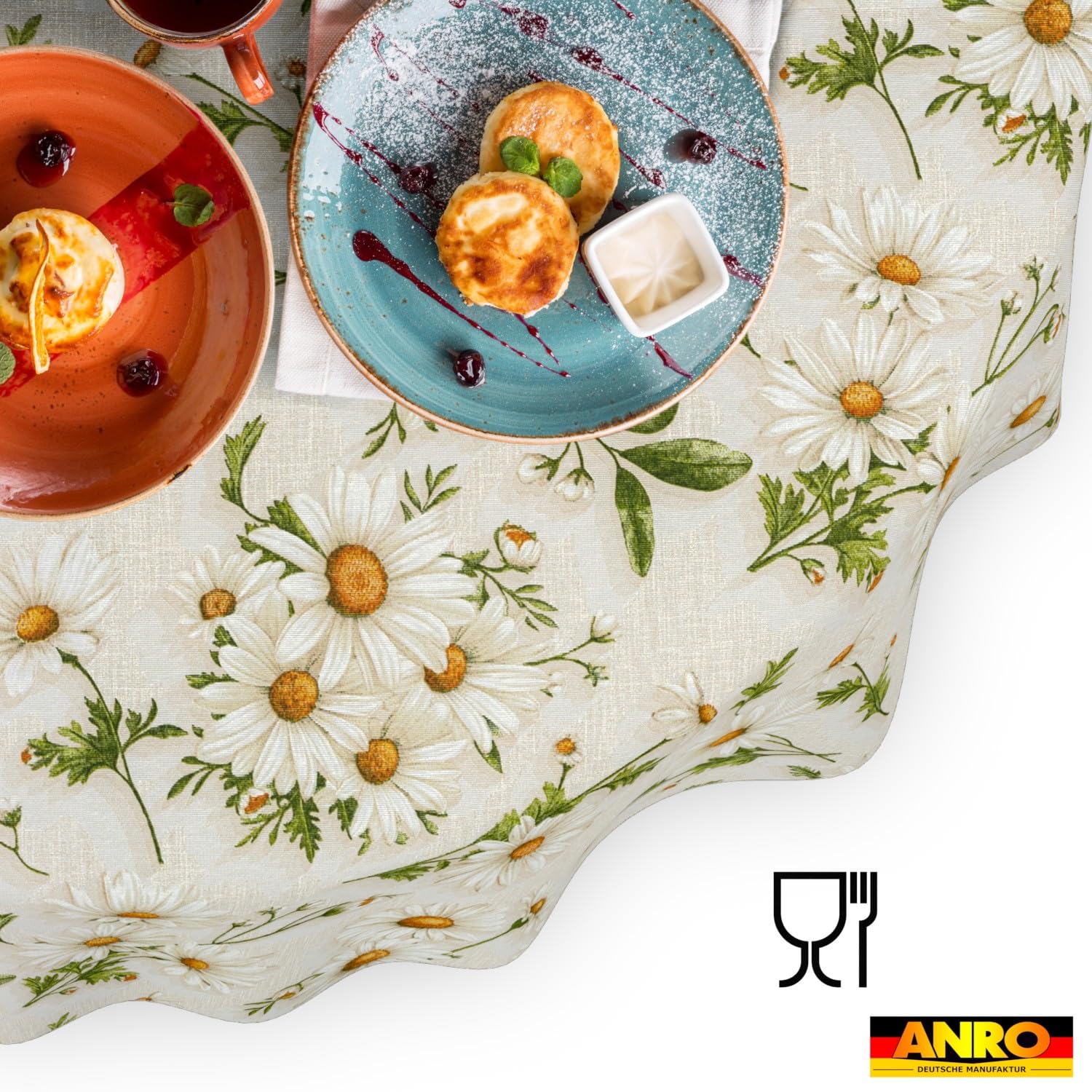 ANRO Nappe Lavable, Motif Marguerites Blanches, Ovale, 240 x 140 cm, imperméable, pour l'intérieur et l'extérieur, Effet Lotus, Bord coupé