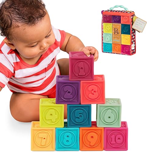 B toys by Battat Bloques de bebé juguetes de apilamiento y construcción para bebés 10 bloques suaves para aprender números formas colores animales