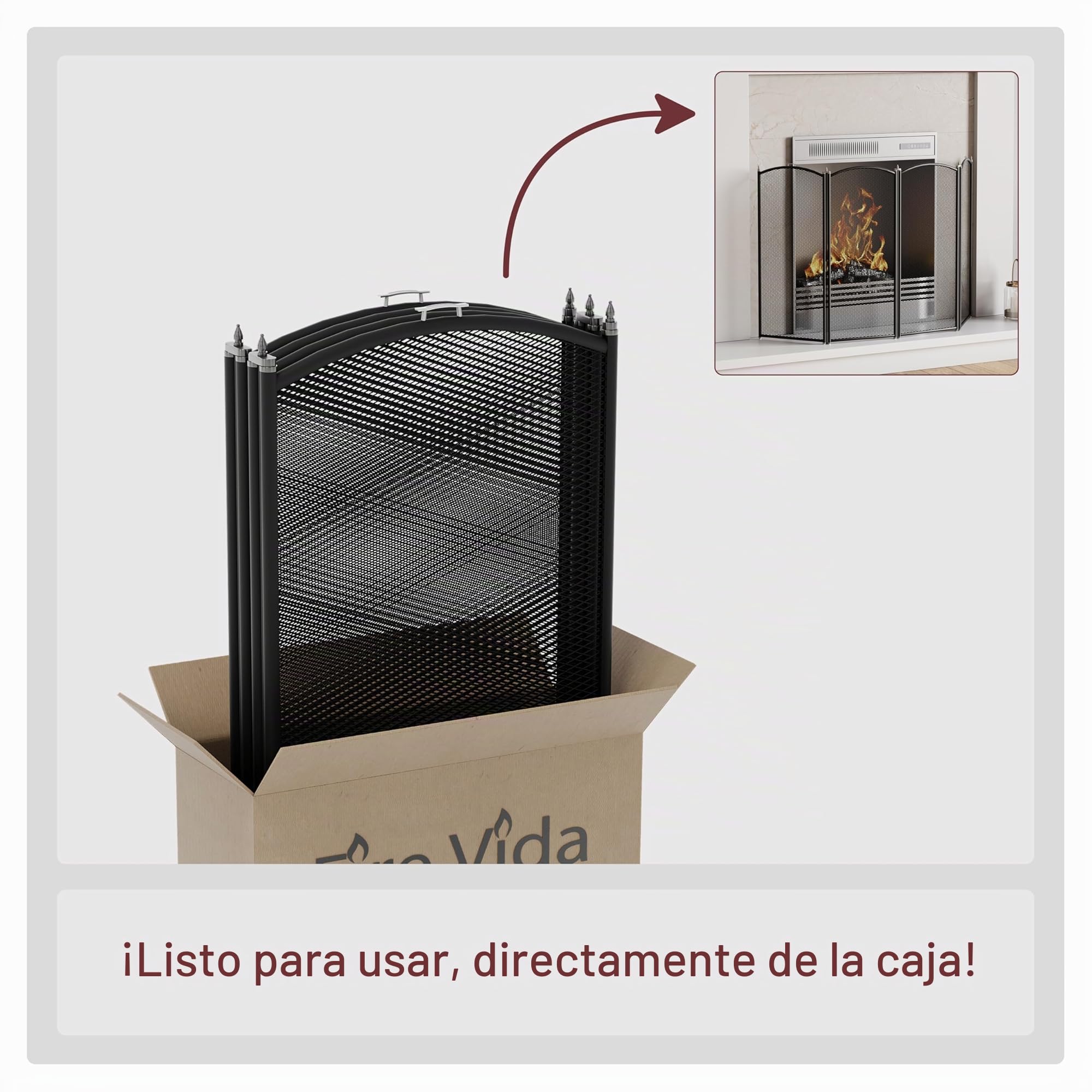 Fire Vida Protector de chimeneas de Metal con 4 Paneles, Color Negro