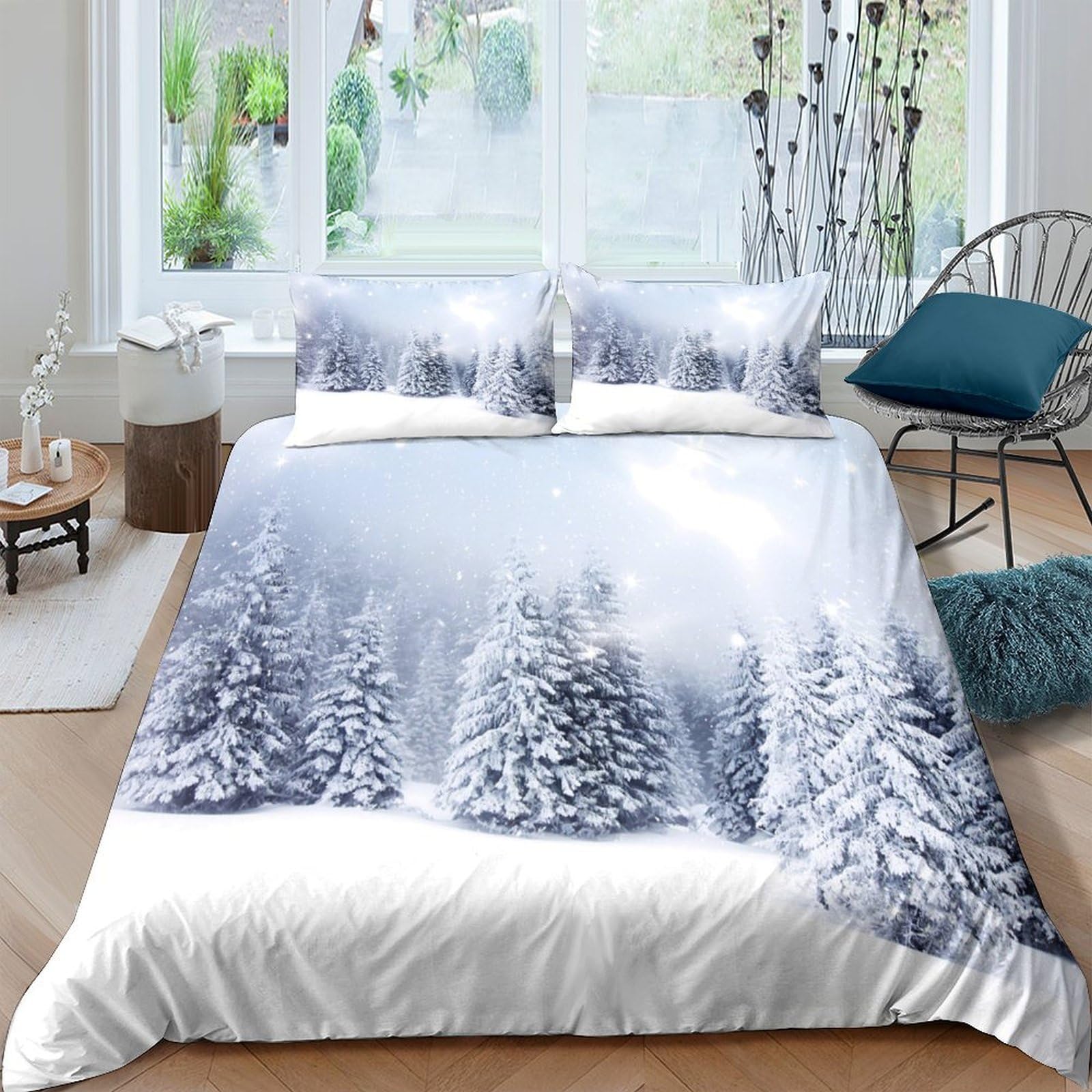 GPLZQXKJNH 3D Printed Snow Forest Duvet Cover Microfiber Soft Breathable Winter Woods Bedding Set with 2 Pillowcases for Bedroom Decor, Single（135x200cm）