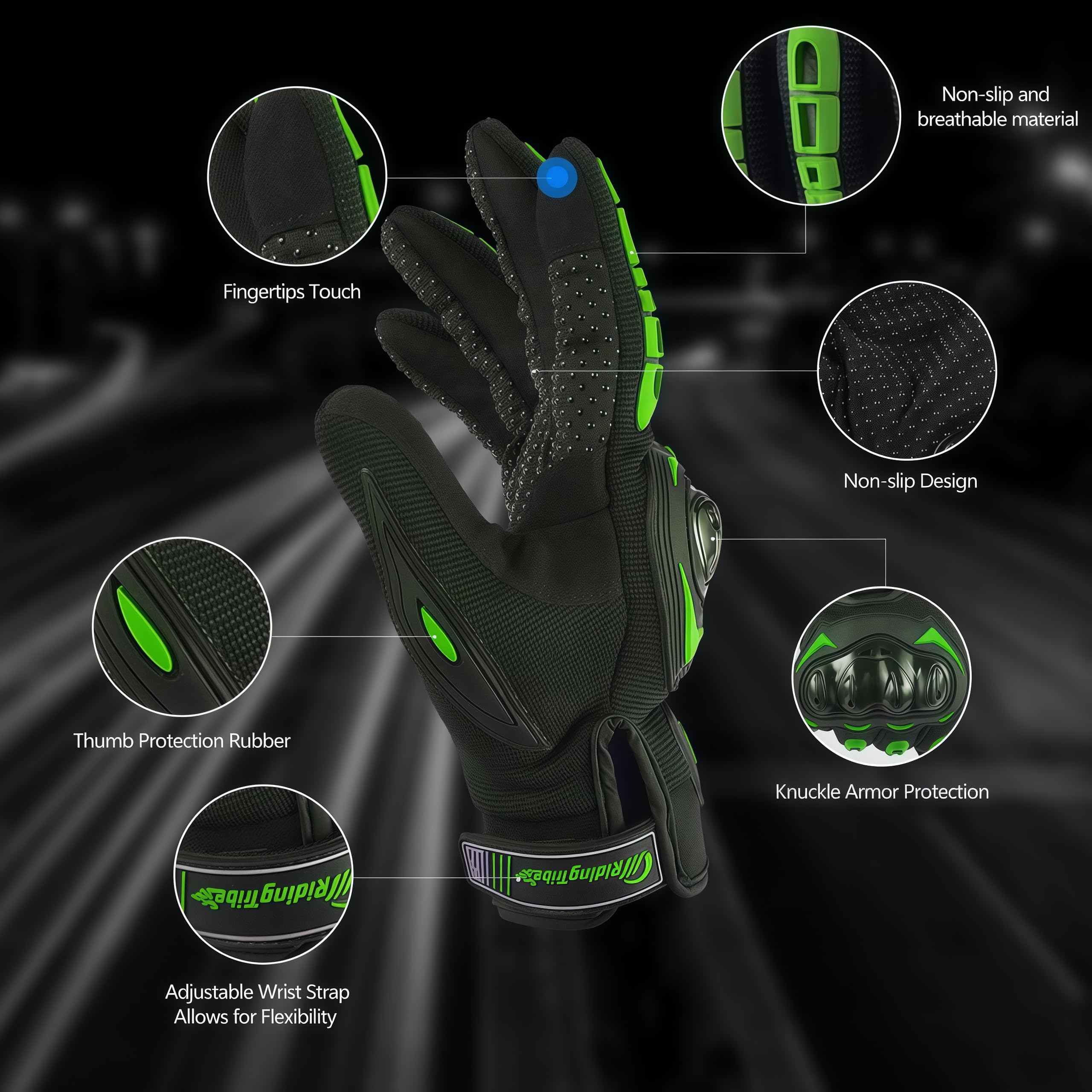 Gants de moto unisexes avec doigts tactiles pour Powersports, BMX, ATV, conduite, motocross, VTT, vélo tout-terrain.