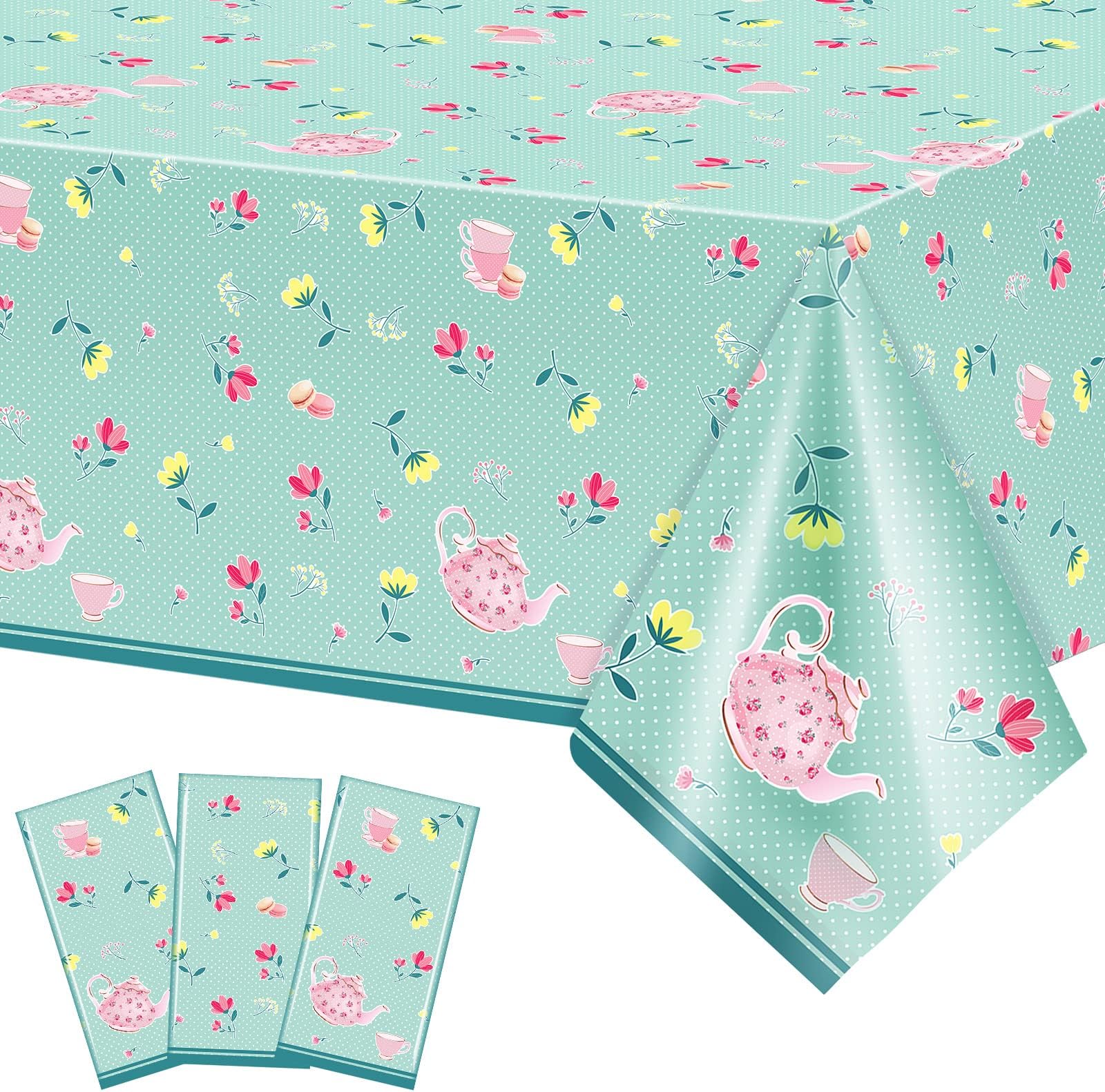 3 PCS Floral Tea Tablecloth Tea Party Decorations Floral Tea Table Cover Tea Party Birthday Decorations Tea Party Decor Floral Tea Baby Shower Decorations for Birthday Baby Shower Party Supplies