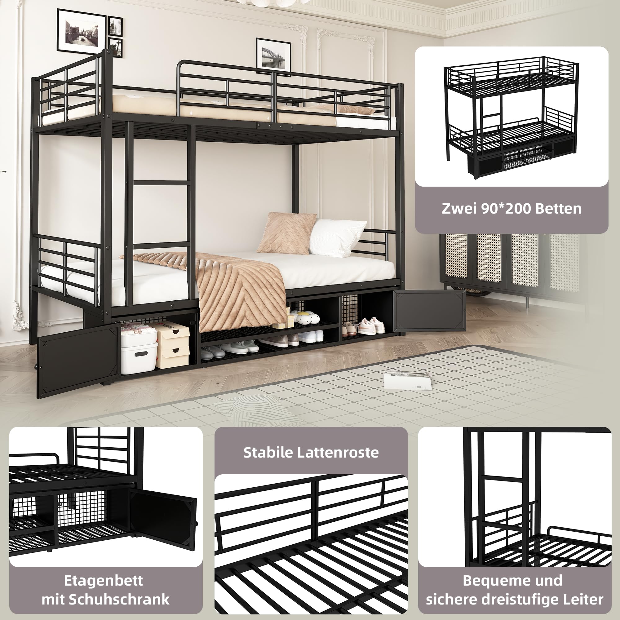 Cama litera de hierro, adecuada para niños y adolescentes, con escalera lateral y rejilla de protección, color negro, 90 x 200 cm
