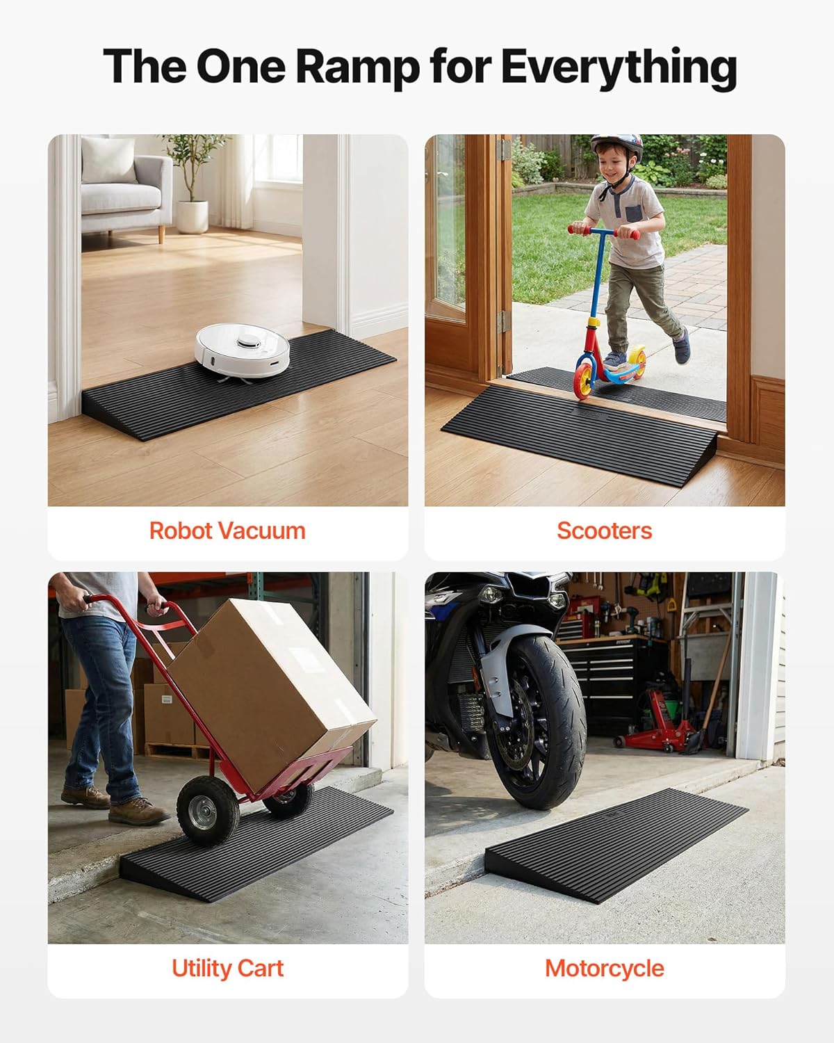 VEVOR 1.2" Rise Cuttable Threshold Ramp for Doorways, 35.4" Wide Natural Rubber Wheelchair Ramp, Non-Slip Solid Rubber Ramp with Double-Sided Tape for Doorways, Driveways, Bathroom, Smooth Tile