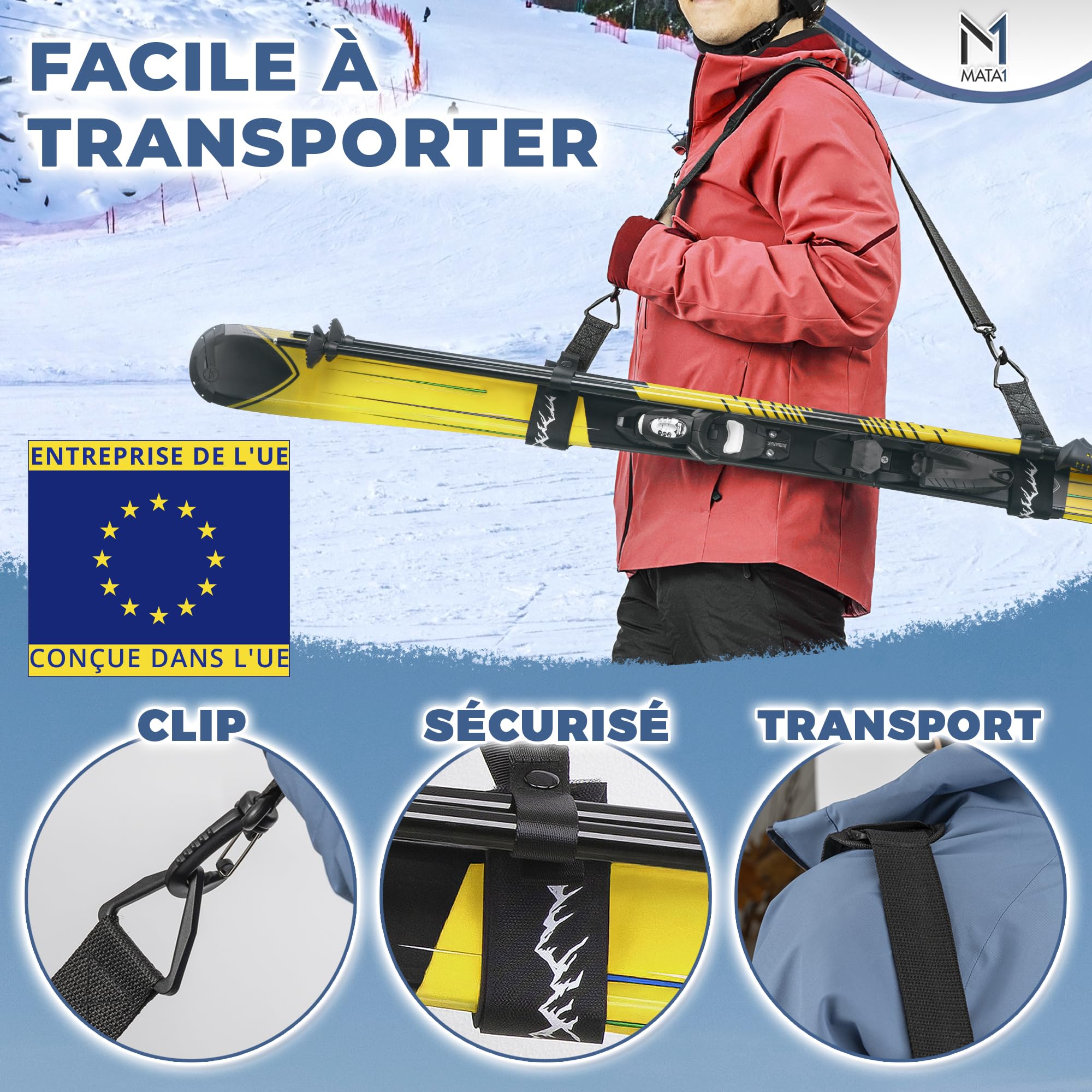 Sangle de Ski Porte-bâtons Noir Bandoulière réglable Transport Skis Bâtons