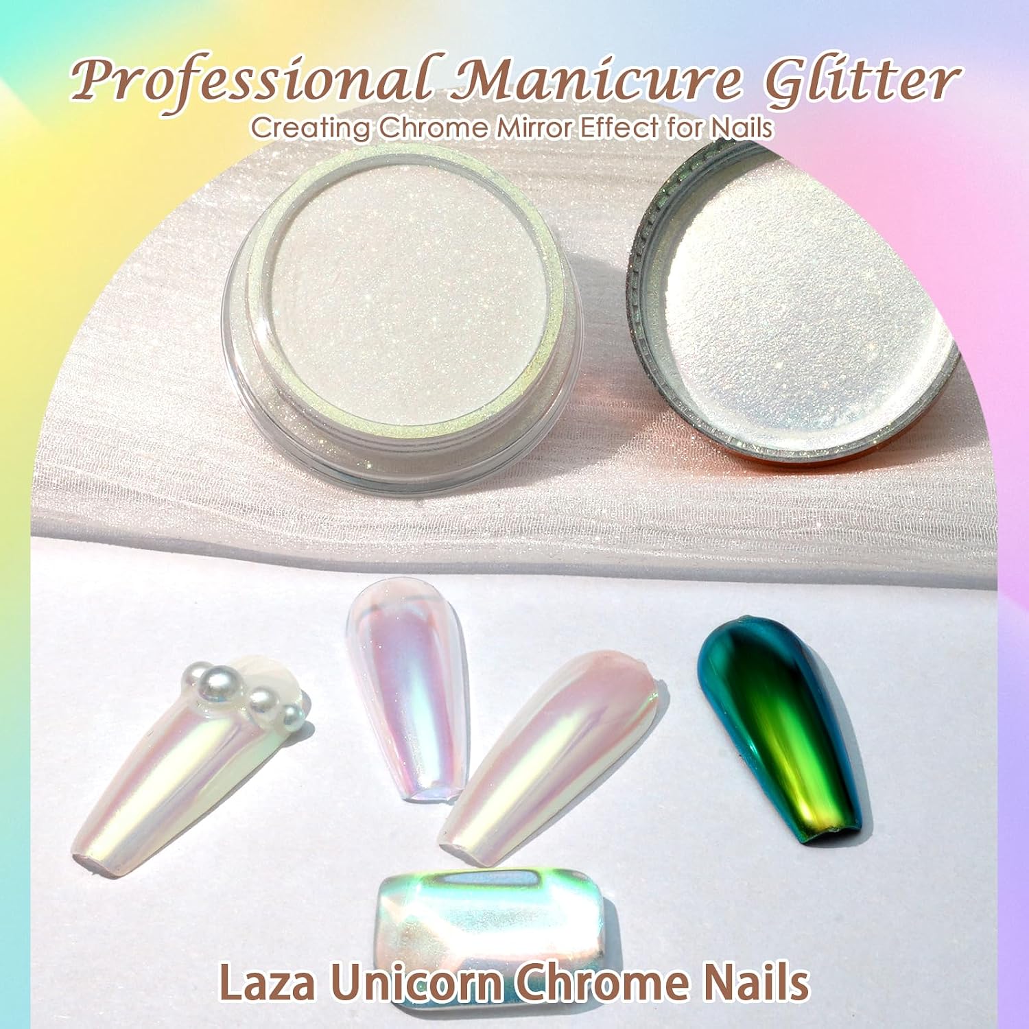 Laza Mermaid Chrome Nail Powder Glazed Donut Nails Metallic Mirror Effect Pigment Shimmer Pearl Powder Iridescent Nail Glitter Fairy Dust for Nail Art Supplies Gel Polish Manicure–Golden Green Unicorn