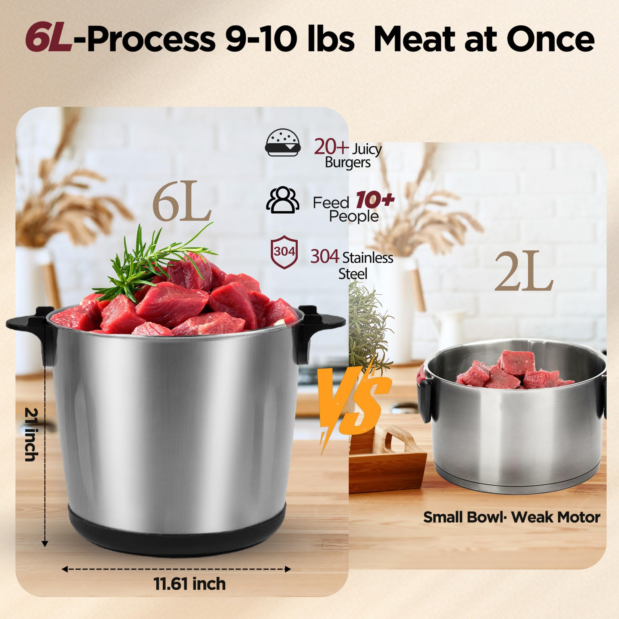 Procesador de alimentos grande, picadora eléctrica de 1200 W, potente motor de cobre, incluye 3 juegos de cuchillas de dos niveles y 1 cuenco de 25 tazas/6 L