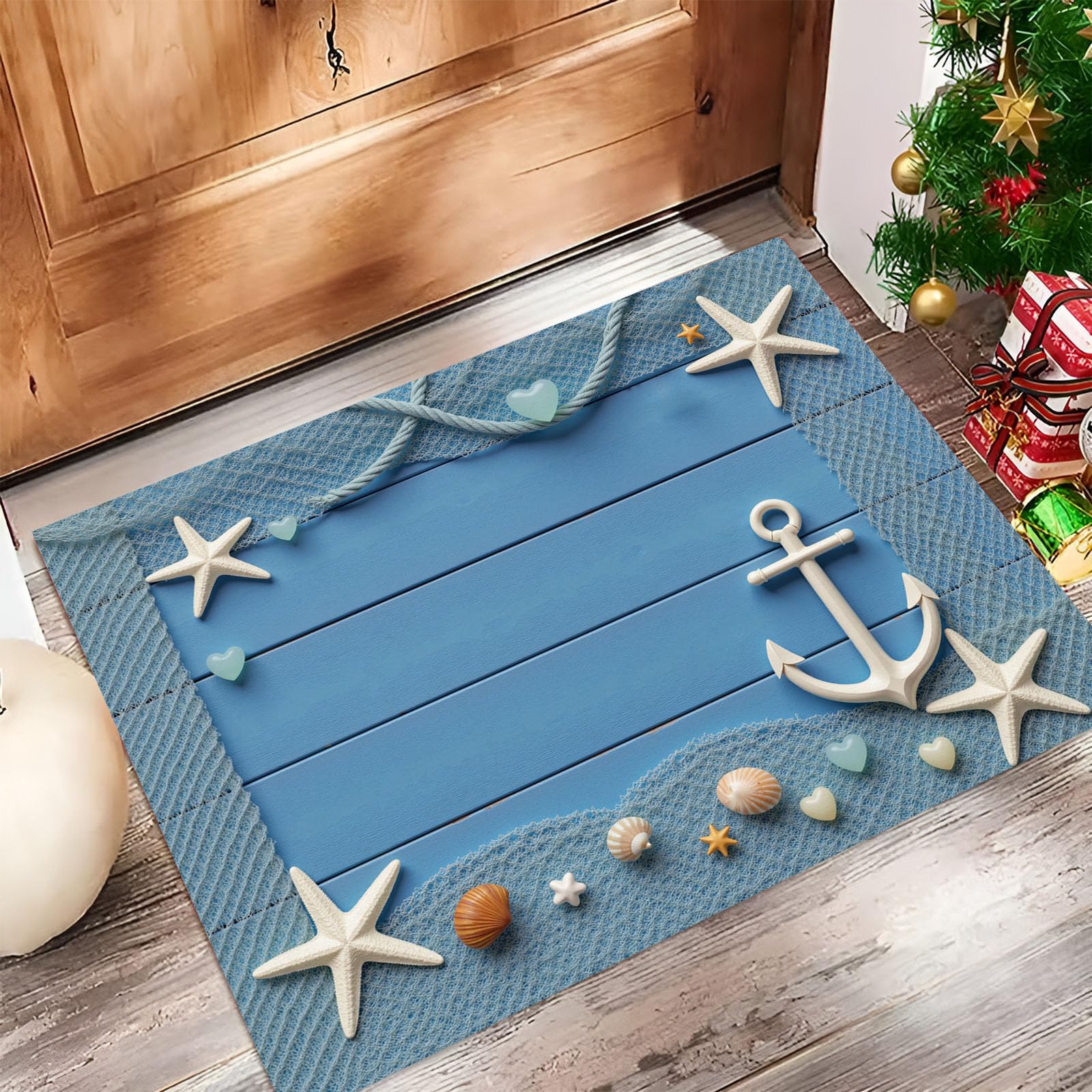 Tapis de sol antidérapant bleu au design maritime chic