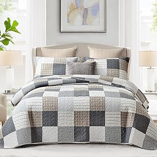 Finlonte Quilt King Size - 100% Cotton King Size Comforter Set Grey Brown White Plaid Farmhouse Quilt Bedding Set, Reversible Lightweight Soft Bedspread, Quilted Coverlet All-Season, 3-Piece