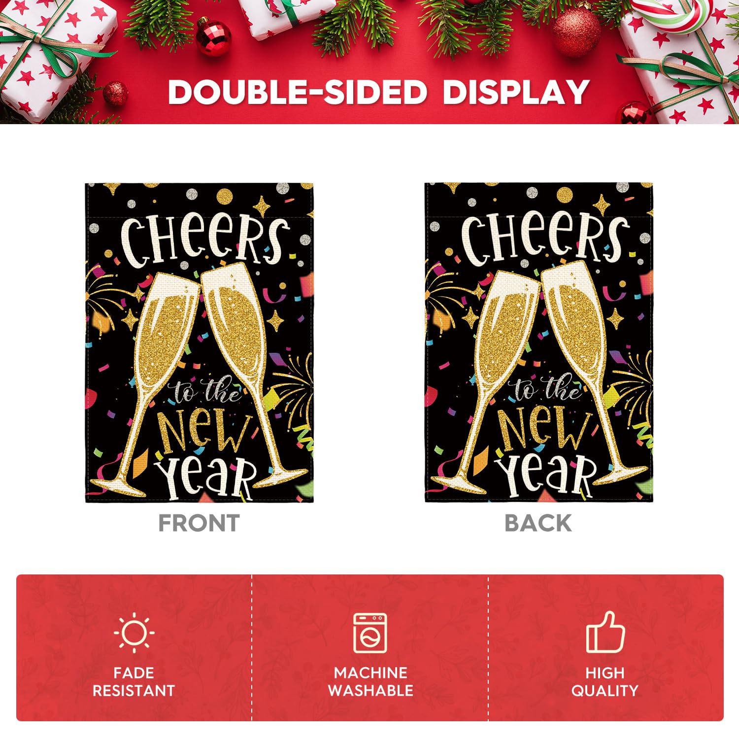 AVOIN Gartenflagge „Cheers To The New Year“ – Doppelseitig, 30,5x45,7 Cm, Wetterfest, Aus Polyester