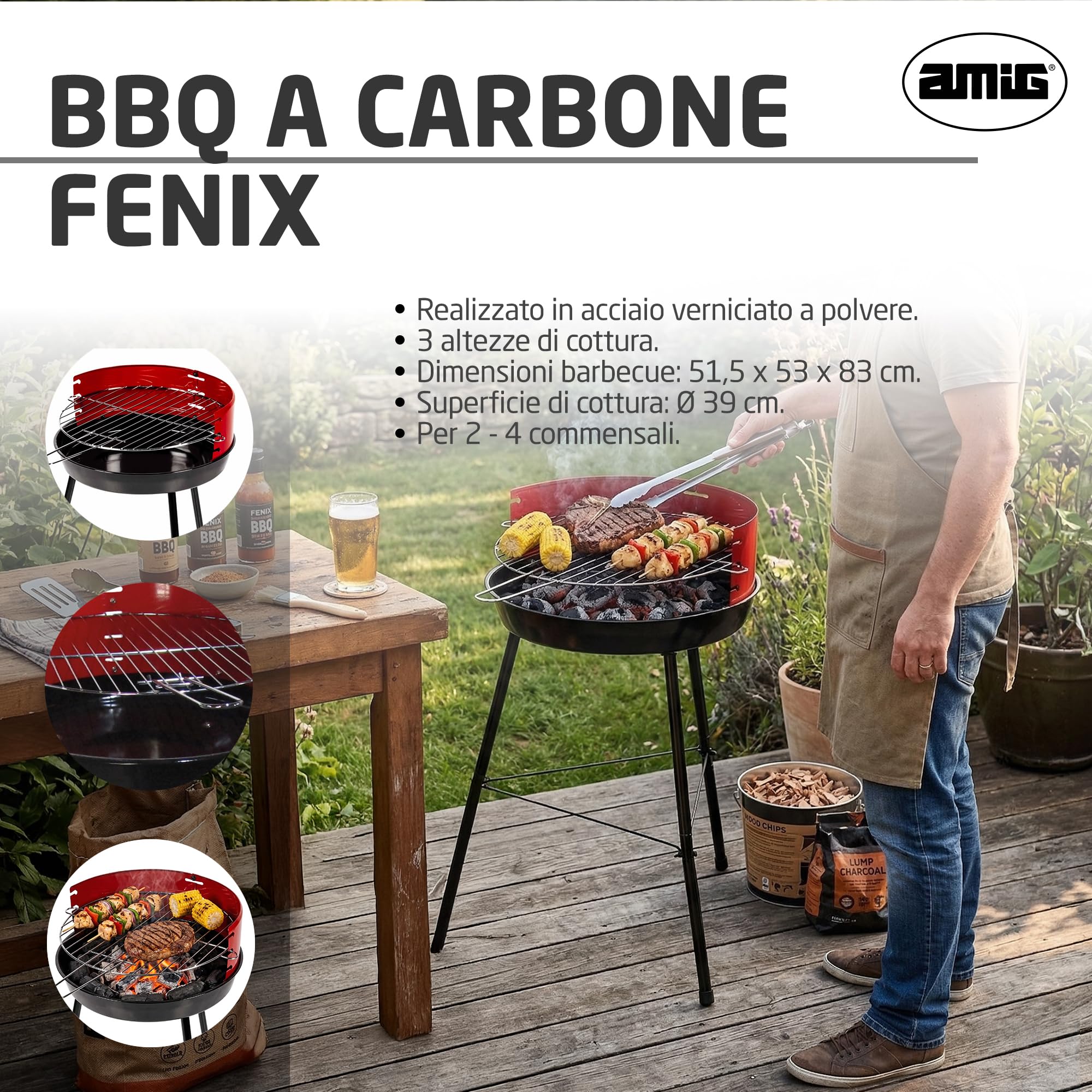 Amig - Barbecue a carbone - 57 x 54 x 84 cm - Nero - Realizzata in Acciaio - Giardino e patio - per terrazza e balcone con dimensioni adatte a spazi ridotti, uso pratico. Mod. FENIX