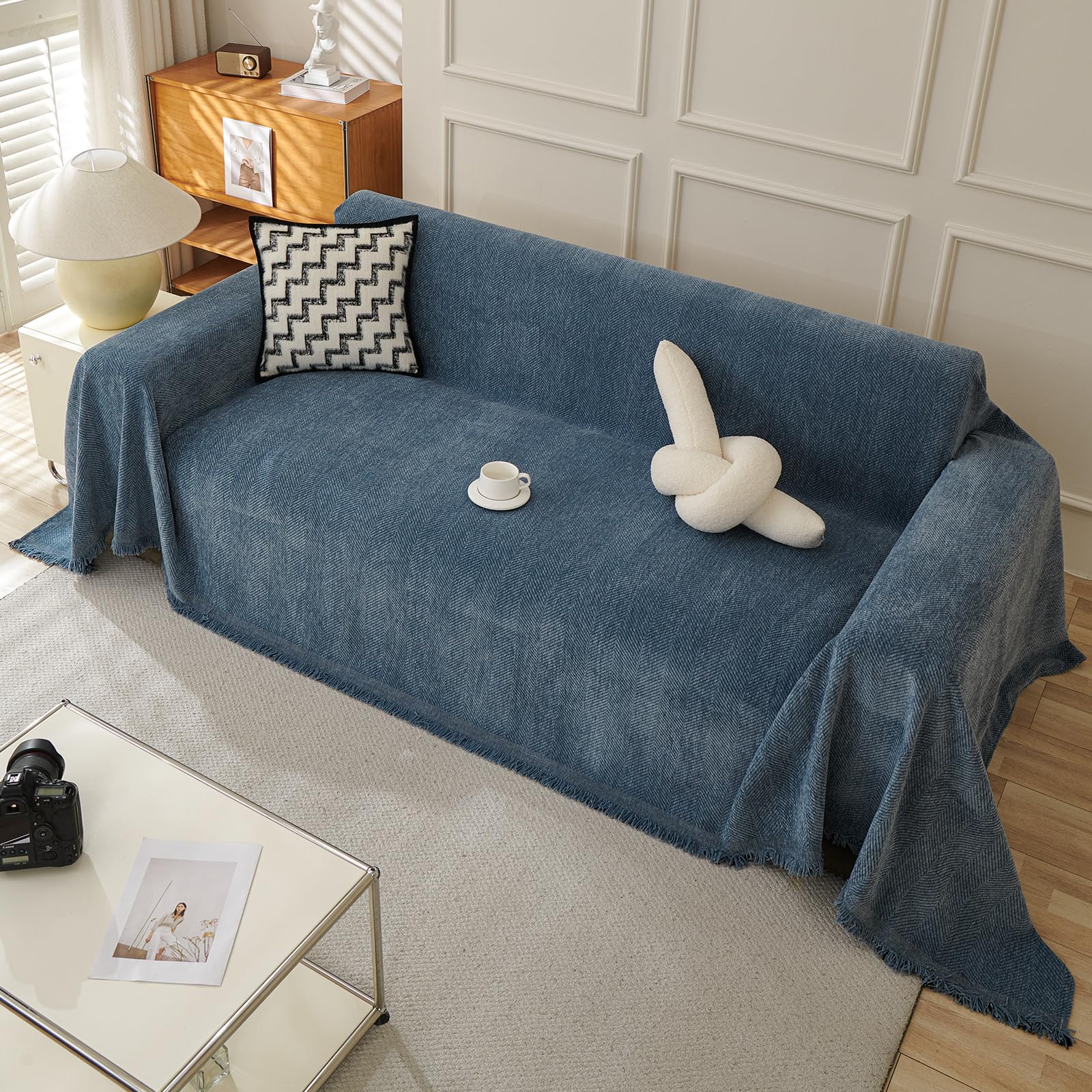 TAOTAOGO Sofa Cover 4 Seater Chenille Corner Sofa Slipcover Washable L Shape Sectional Couch Cover Furniture Protector for Pet All-Season B Chevron C Blue 230x420cm โ image 1