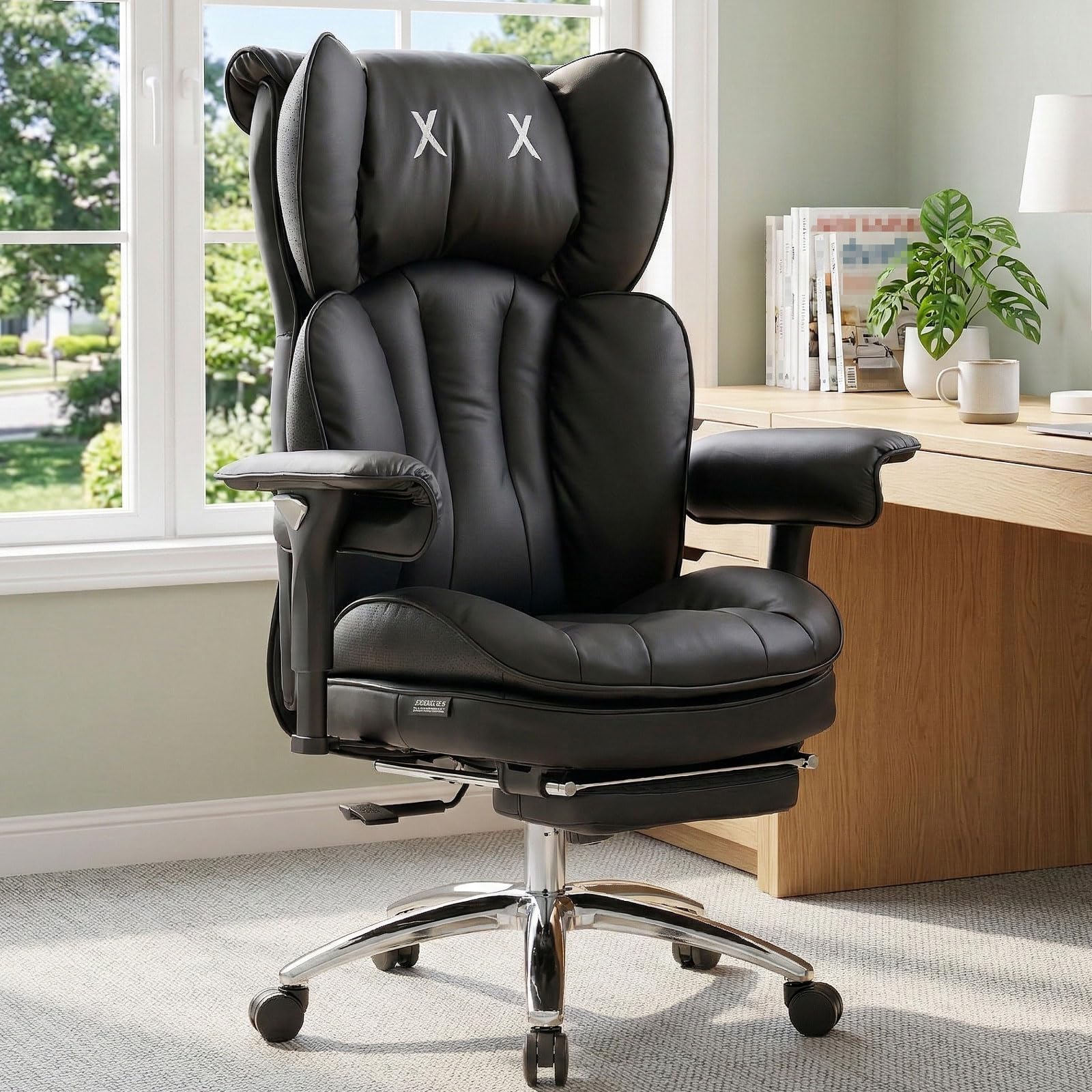 Efomao Big and Tall Office Chair 400lbs Capacity, Executive High Back Chair with 3-Angle Locking Recline and Footrest, Wide Double Padded Desk Chair for Home Office, Metal Frame, Black