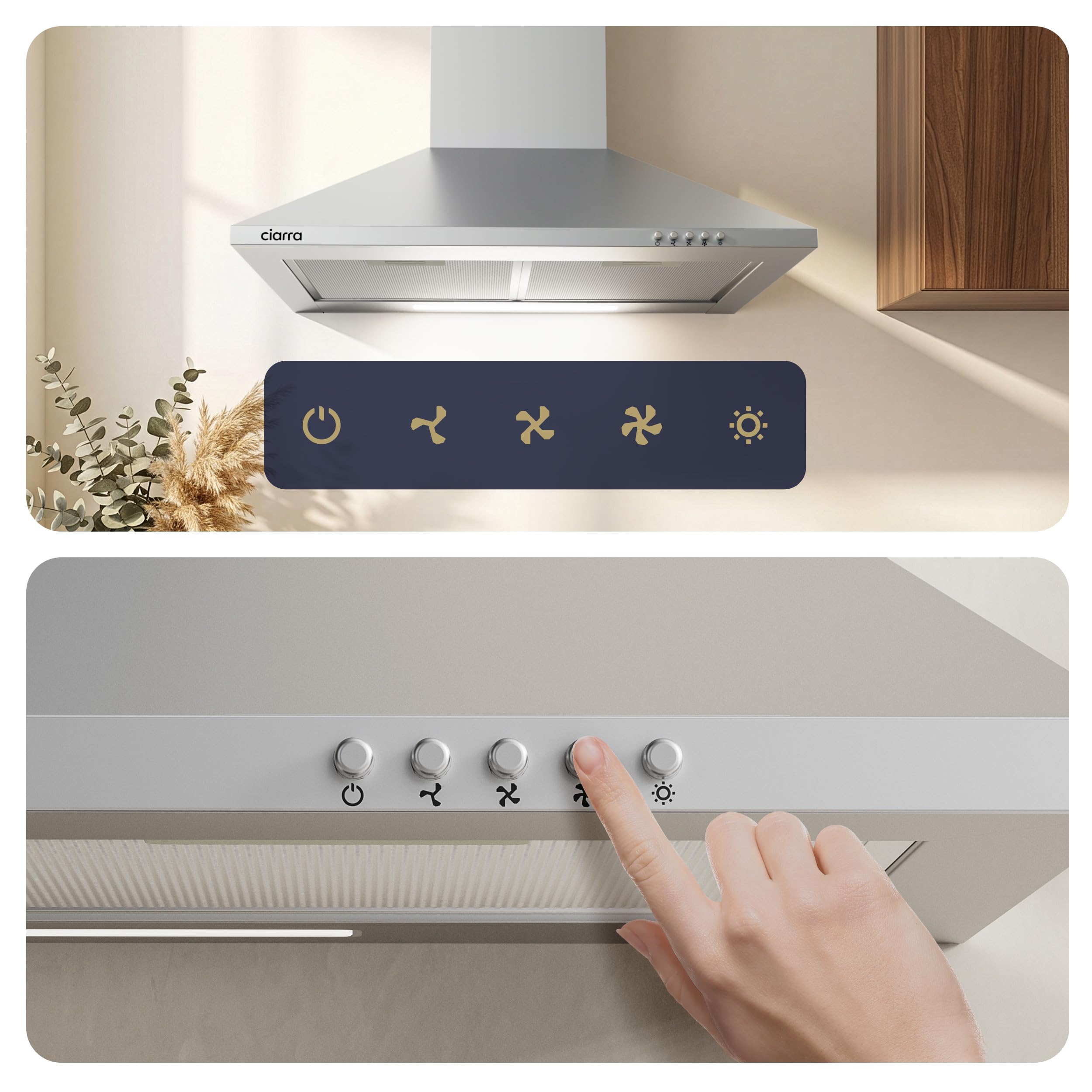 CIARRA Hottes Aspirantes 60cm 370m³/h Class A- Evacuation ou Recyclage -Filtre Charbon NON INCLUS - 3 Niveaux de Vitesse - Hotte Murale - Inox