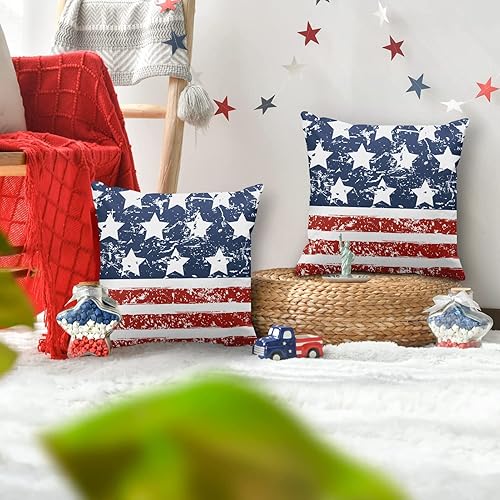 Miniatura 3 de Emvency Juego de 2 fundas de almohada decorativas con diseño de bandera estadounidense roja, blanca y azul, decoración del hogar, cuadradas,