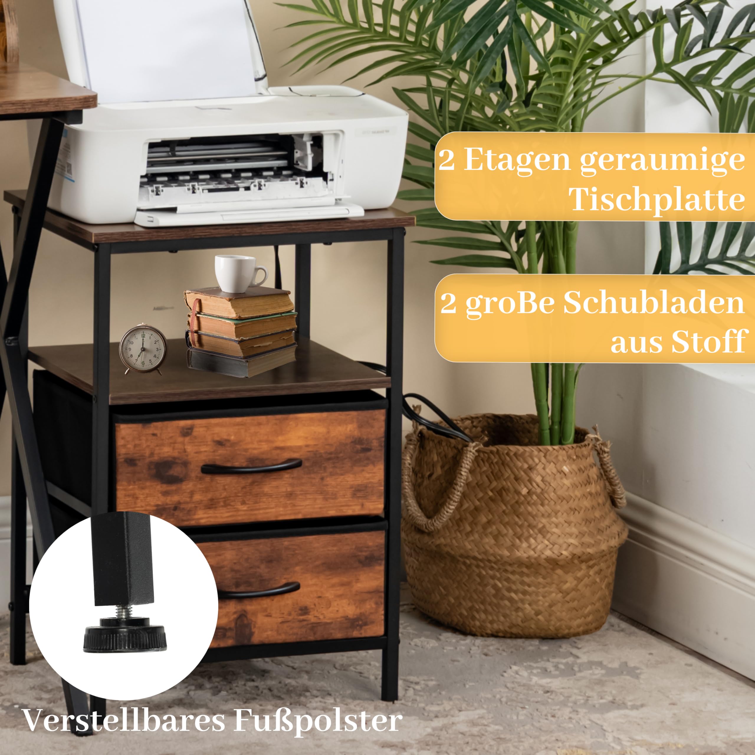 FurnitureR Set von 2 Nachttisch mit LED Ladefunktion, Beistelltisch mit 2 Schubladen. 2 AC Ports.2 USB Ports Nachttische, Endtische für Wohnzimmer, Schlafzimmer, Vintage Braun,40 * 30 * 60cm