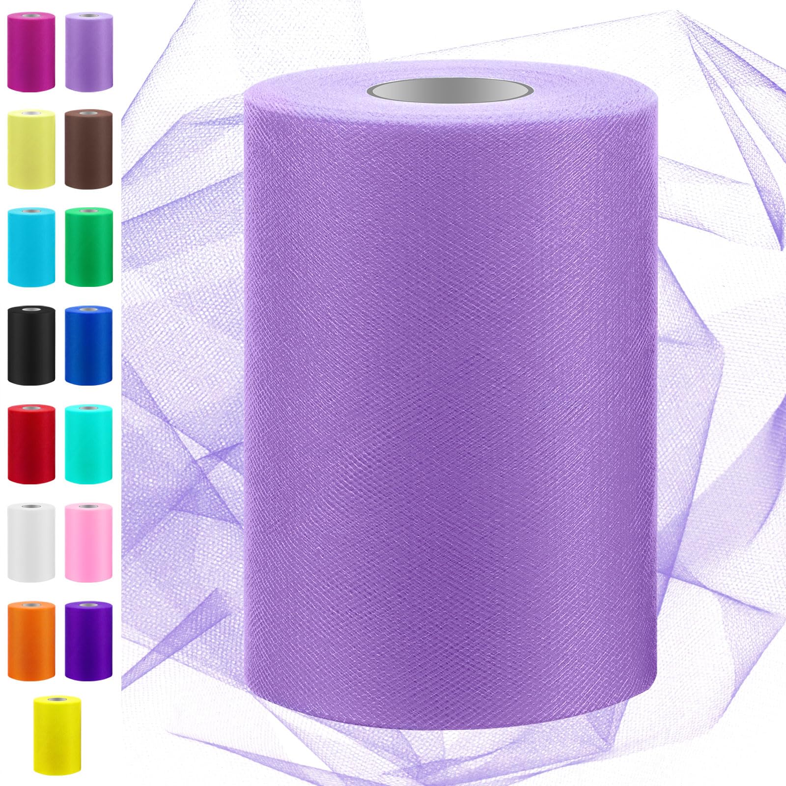 Swpeet 6 Pulgadas x 100 Yardas Tul Púrpura Claro Rollo de Tela, Bobina de Cinta de Tul, Malla de Poliéster para Bricolaje