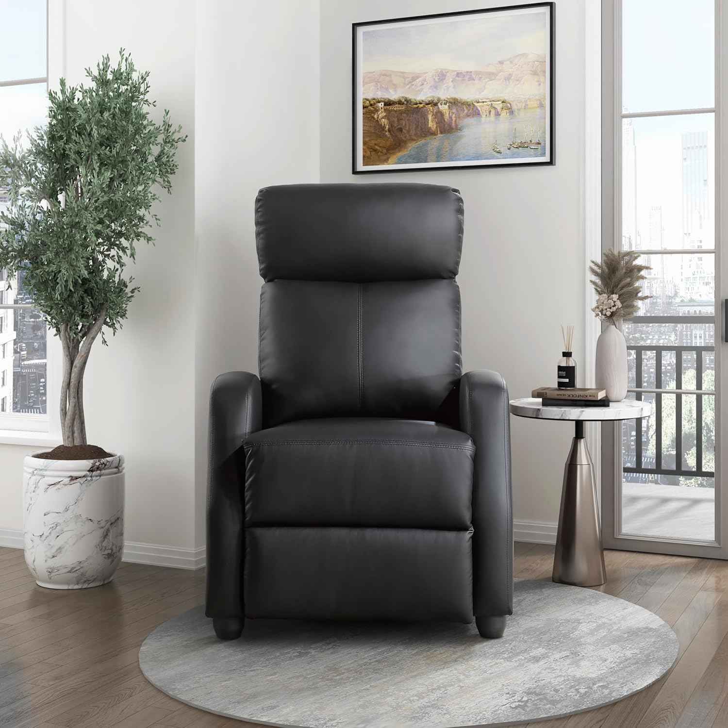 Lexicon Barbal 27" W Faux Leather Push Back Recliner Chair, Black