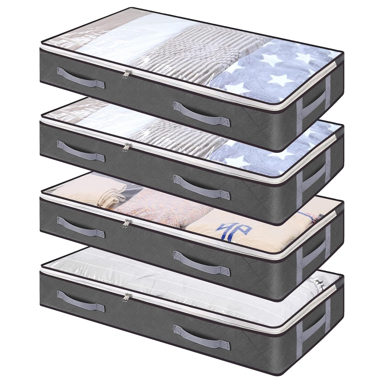 Woobroo 4-Piece Under-Bed Storage Set - 75L Large Capacity with Handles, Dual Zippers, and Transparent Lid for Blankets, Clothes, and Duvets
