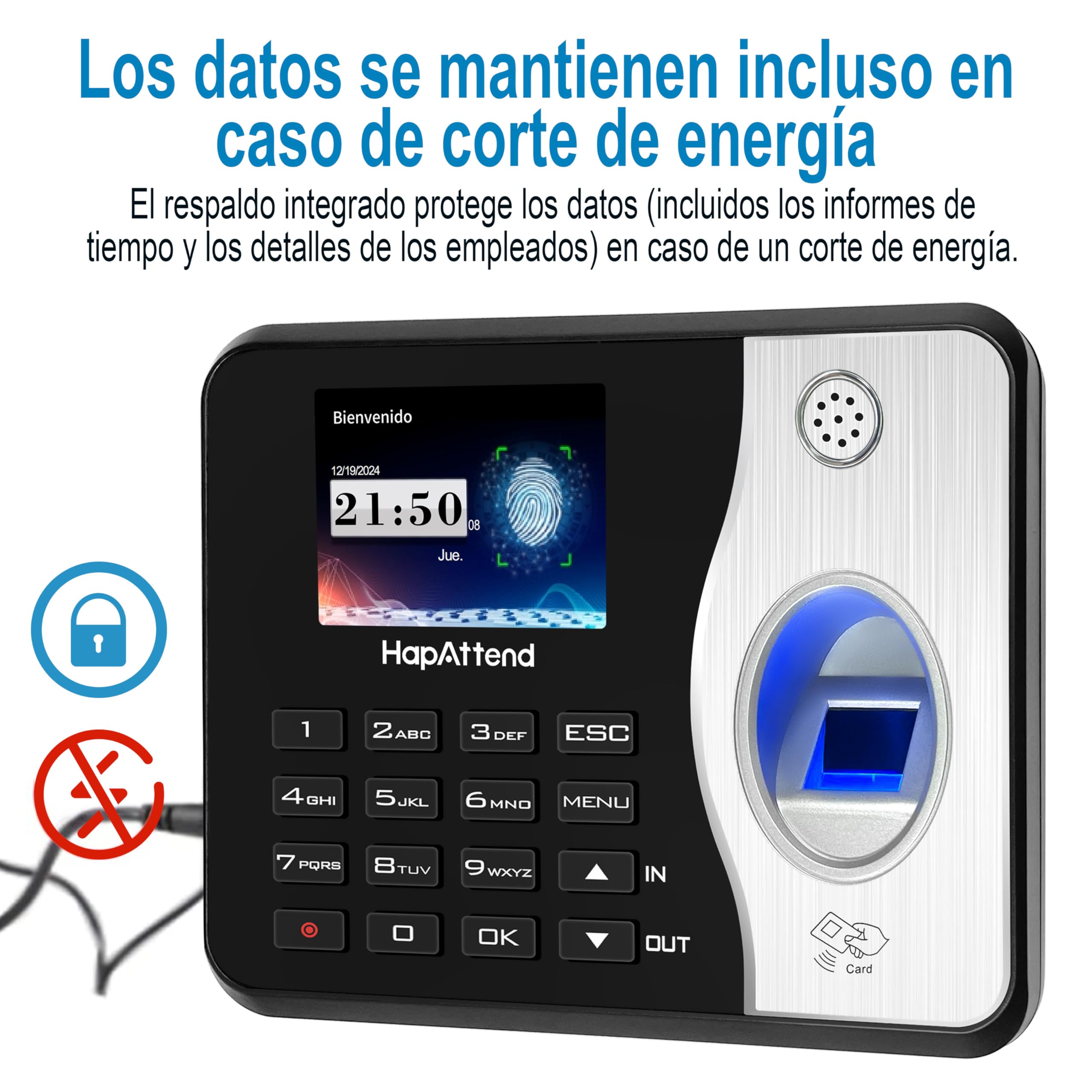 Control horario empleados, Español Reloj de fichar con Huella Dactilar, RFID Tarjetas, Maquina de fichar empleados de hasta 1000 usuarios sin conexión Internet Negro Escáner - H3