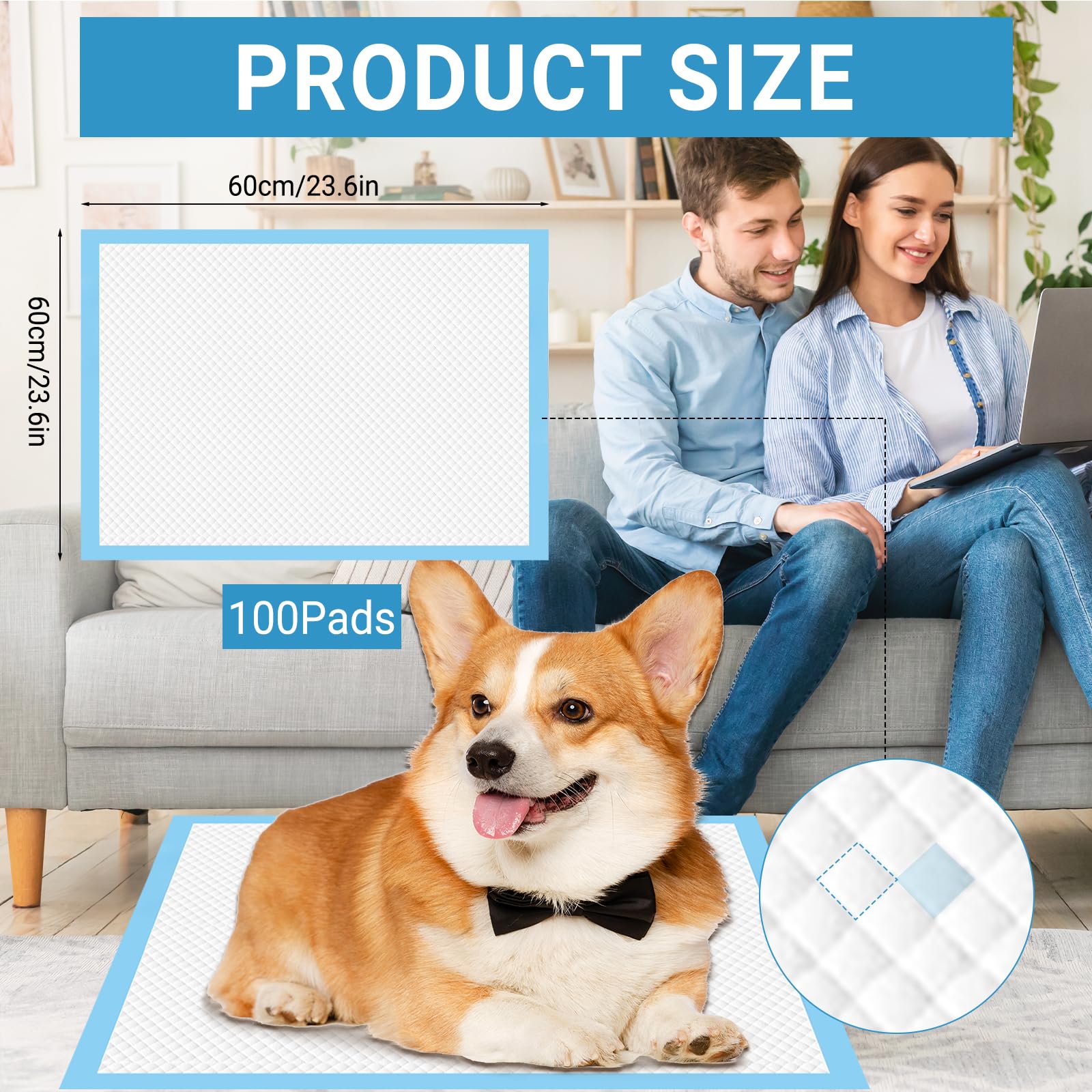 100 sztuk Poduszki Higieniczne dla Psów i Szczeniąt 60x60 cm, 6-warstwowe, Ultrachłonne, Szczelne Maty Treningowe, Jednorazowe Podkładki do Przewijania do Nauki Czystości (L: 60*60)
