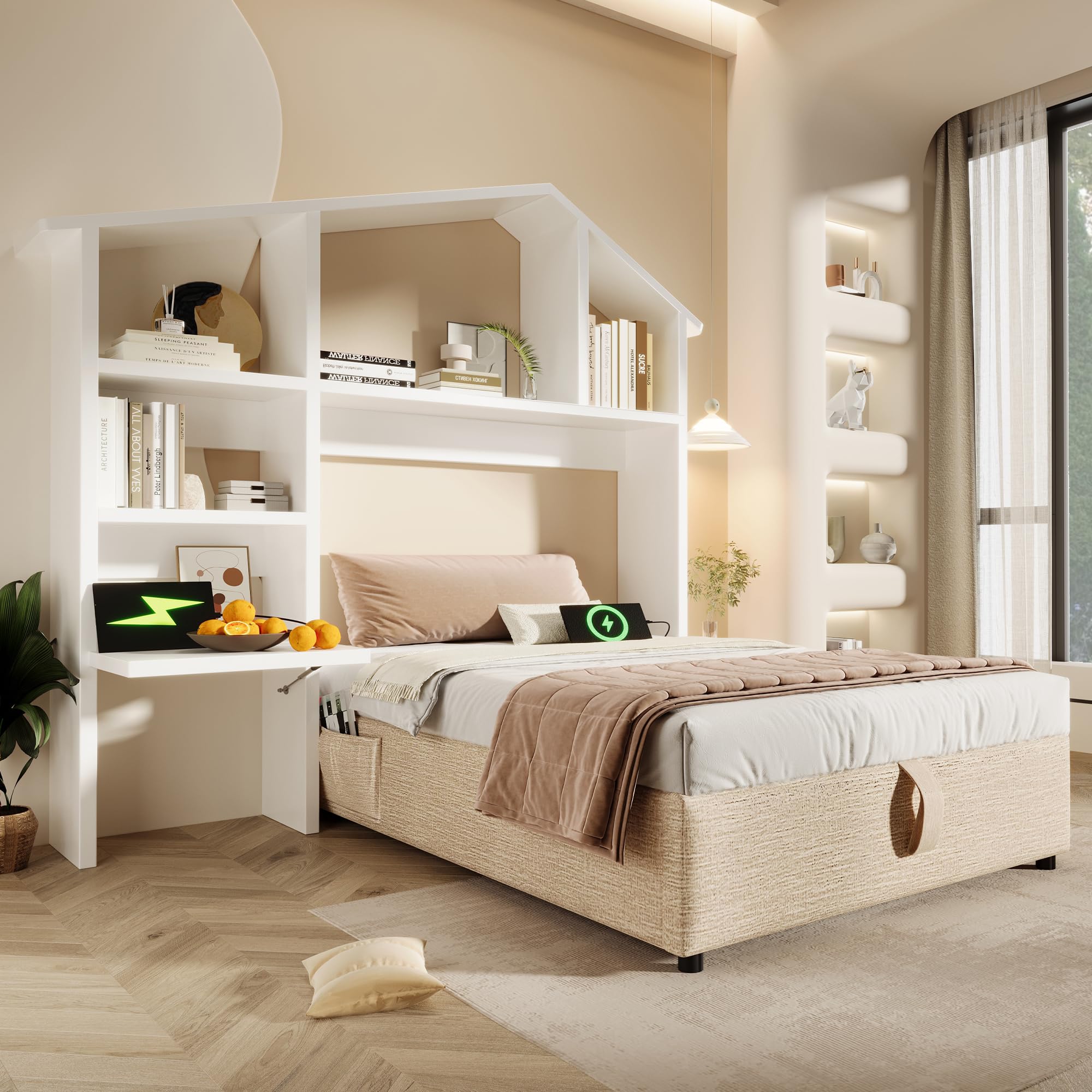 Bett 90x200 mit Bücherregal und USB Type-C-Ladefunktion, Kinderbett Hausbett Polsterbett mit Stauraum & Vollflächiger Lattenrost, Hydraulisch Einzelbett Stauraumbett, Leinen, ohne Matratze, Natürlich