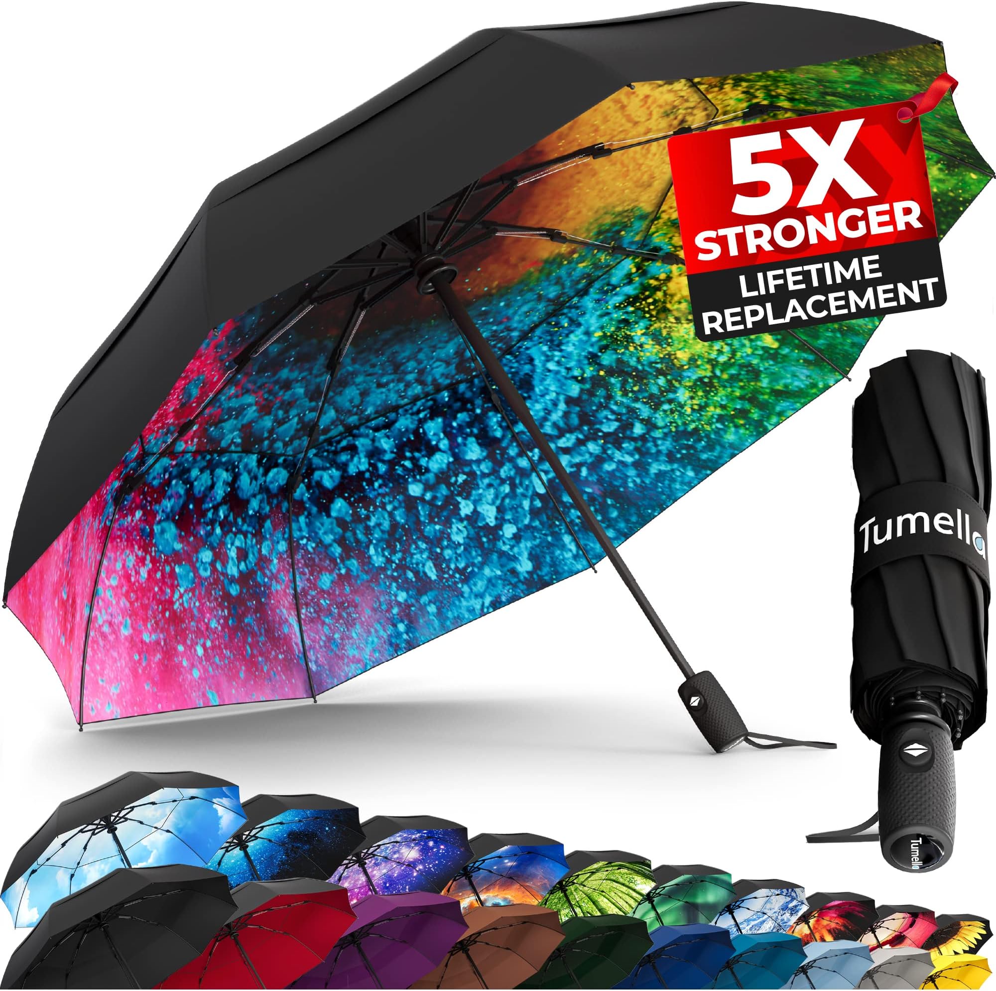 Strongest Windproof Travel Umbrella (Compact, Superior & Beautiful), Small Strong but Light Portable and Automatic Folding Rain Umbrella, Durable Premium Grip, Fits Car & Backpack