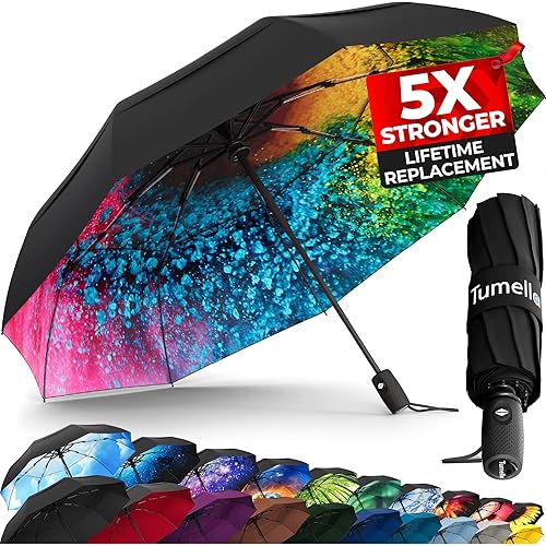 TUMELLA Strongest Windproof Travel Umbrella (Compact, Superior & Beautiful), Small Strong but Light Portable and Automatic Folding Rain Umbrella, Durable Premium Grip, Fits Car & Backpack